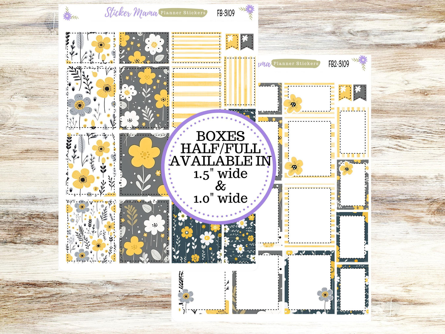 FULL BOXES-3109 || Grey and Yellow Floral || Planner Stickers || Full Box for Planners || Planner Boxes
