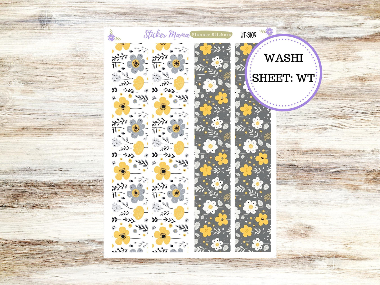 WASHI PLANNER STICKERS || 3109 || Grey and Yellow Floral || Washi Stickers || Planner Stickers || Washi for Planners