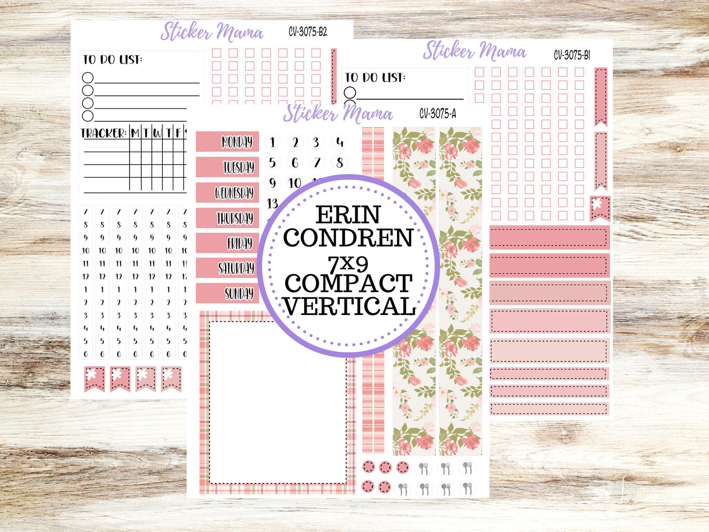 ERIN CONDREN 7x9 Compact Vertical-Kit #3075 || Shabby Chic Roses - Planner Stickers - Erin Condren Compact Vertical Weekly Kit