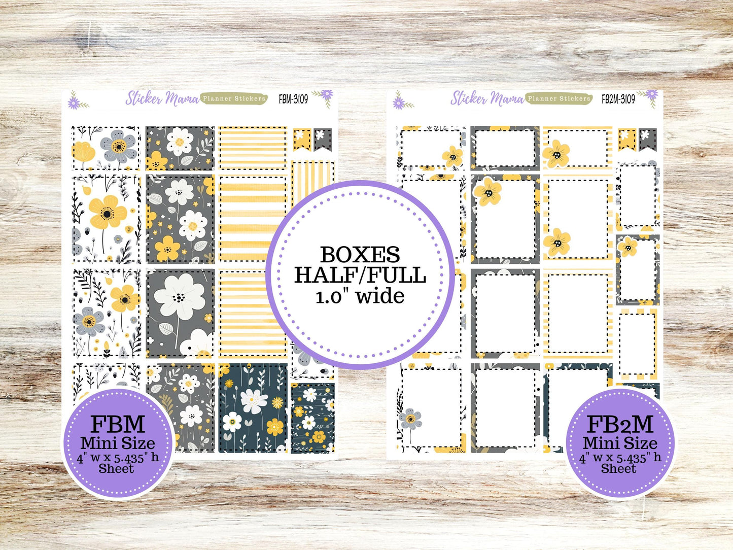 FULL BOXES-3109 || Grey and Yellow Floral || Planner Stickers || Full Box for Planners || Planner Boxes
