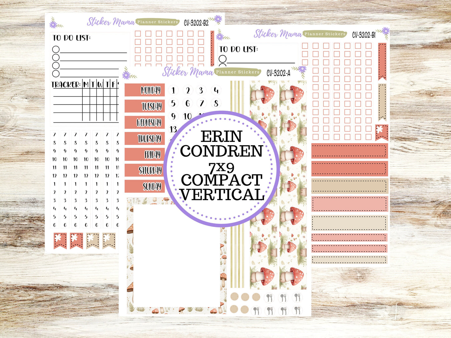 ERIN CONDREN 7x9 Compact Vertical-Kit #3202 || Mushroom Bloom - Planner Stickers - Erin Condren Compact Vertical Weekly Kit