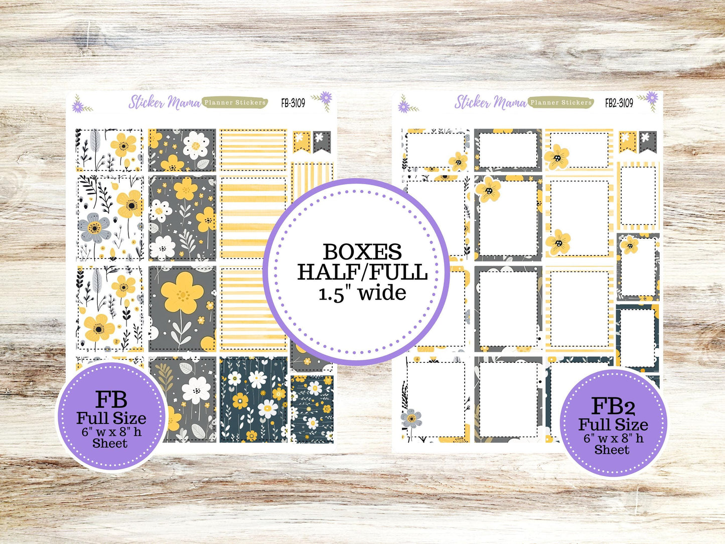 FULL BOXES-3109 || Grey and Yellow Floral || Planner Stickers || Full Box for Planners || Planner Boxes