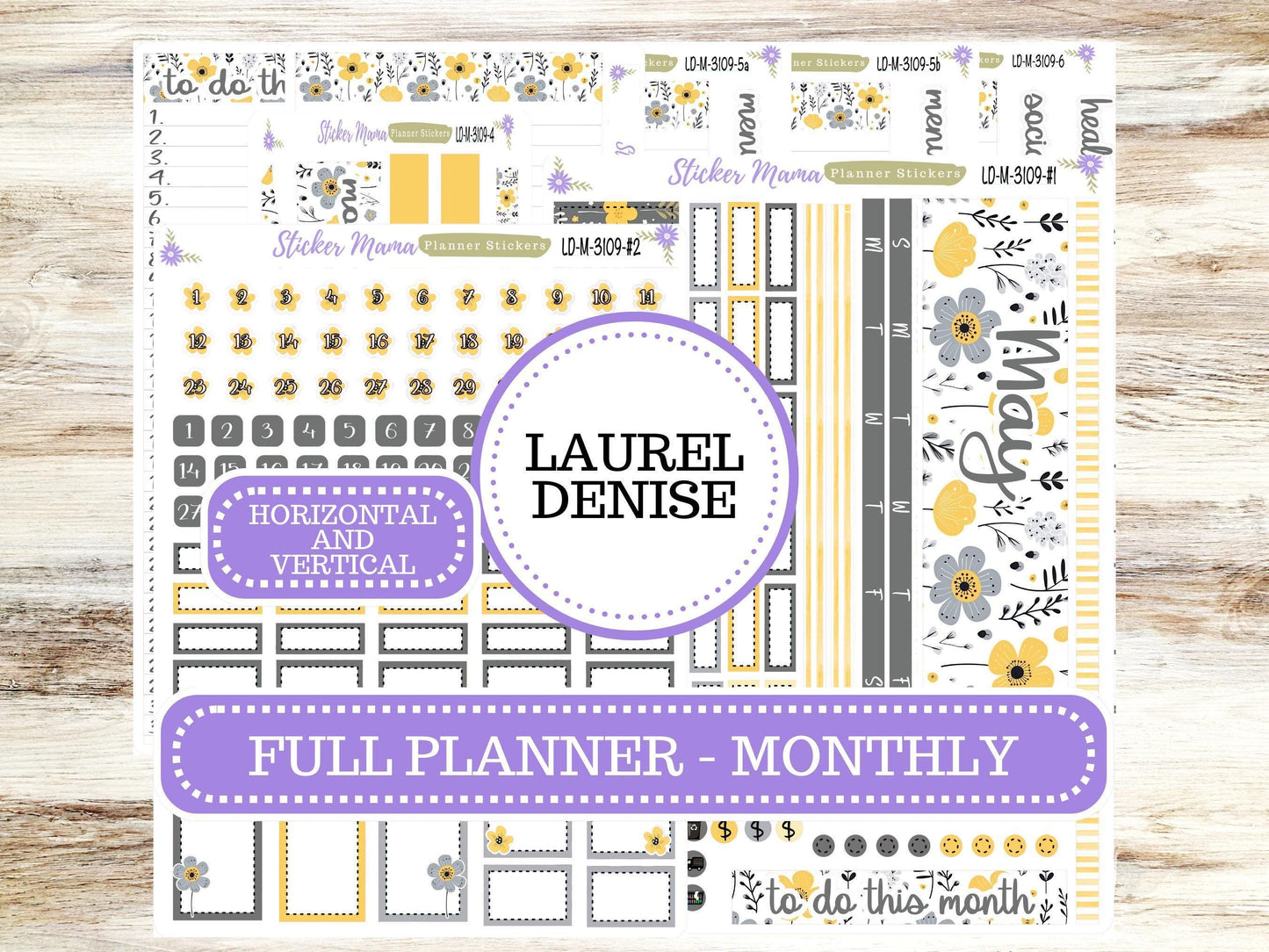 LAUREL DENISE MONTHLY Planner Kit #3109 || Laurel Denise Stickers Kit || Horizontal Vertical || Grey and Yellow Floral || May