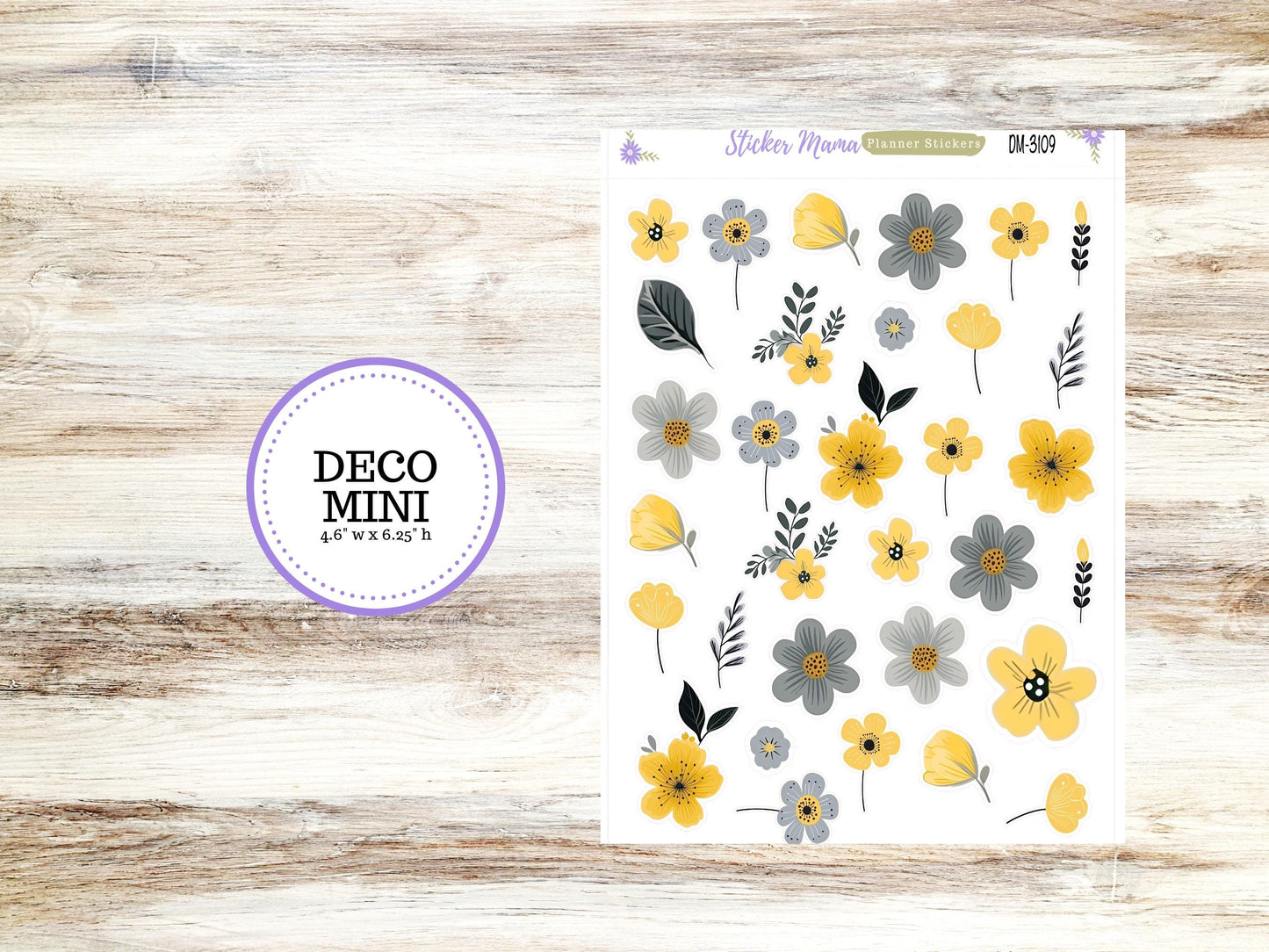 DECO-3109 || Grey and Yellow Floral || PLANNER STICKERS || Spring Stickers ||