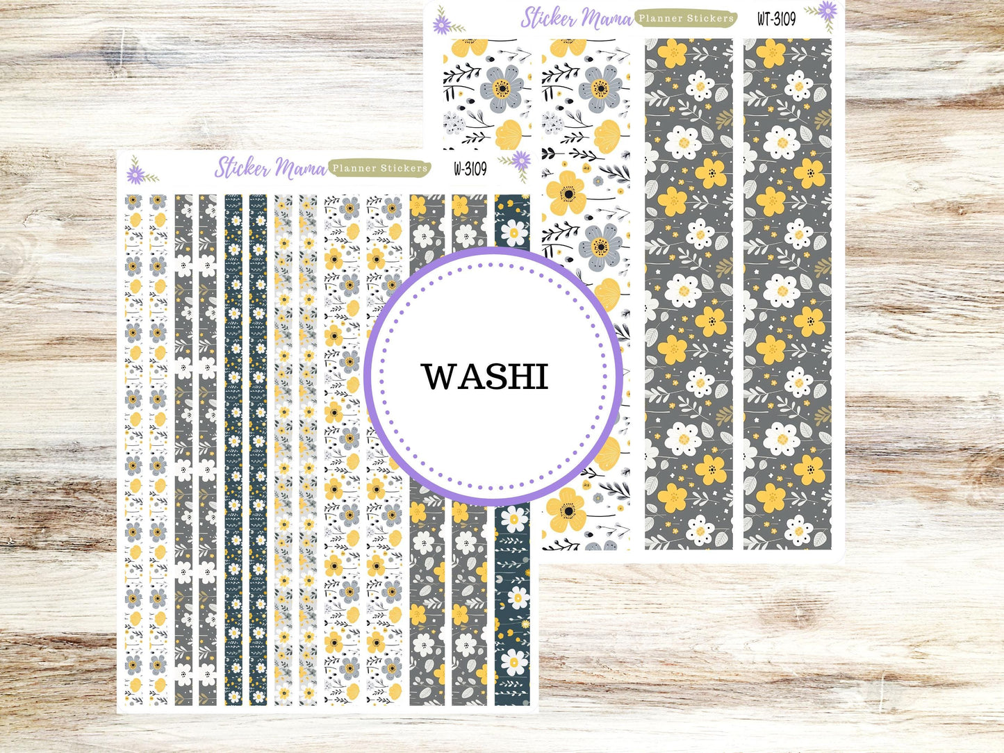 WASHI PLANNER STICKERS || 3109 || Grey and Yellow Floral || Washi Stickers || Planner Stickers || Washi for Planners