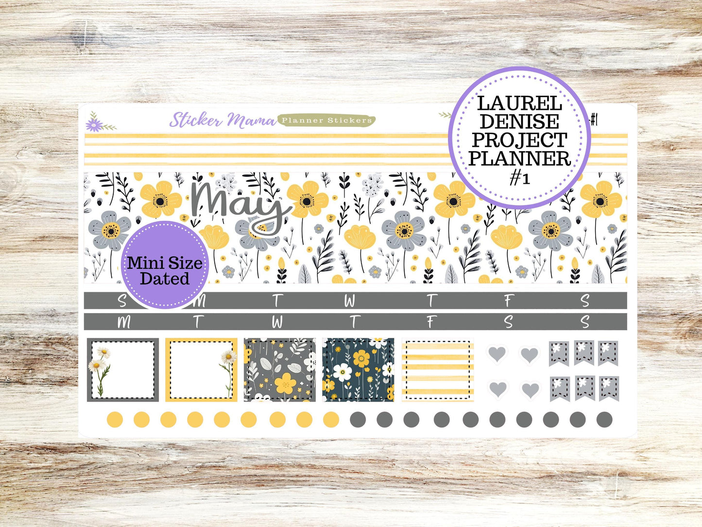 LAUREL DENISE PROJECT Mini Size Planner Kit #3109 || Grey and Yellow Floral || Laurel Denise Kit || Laurel Denise Stickers
