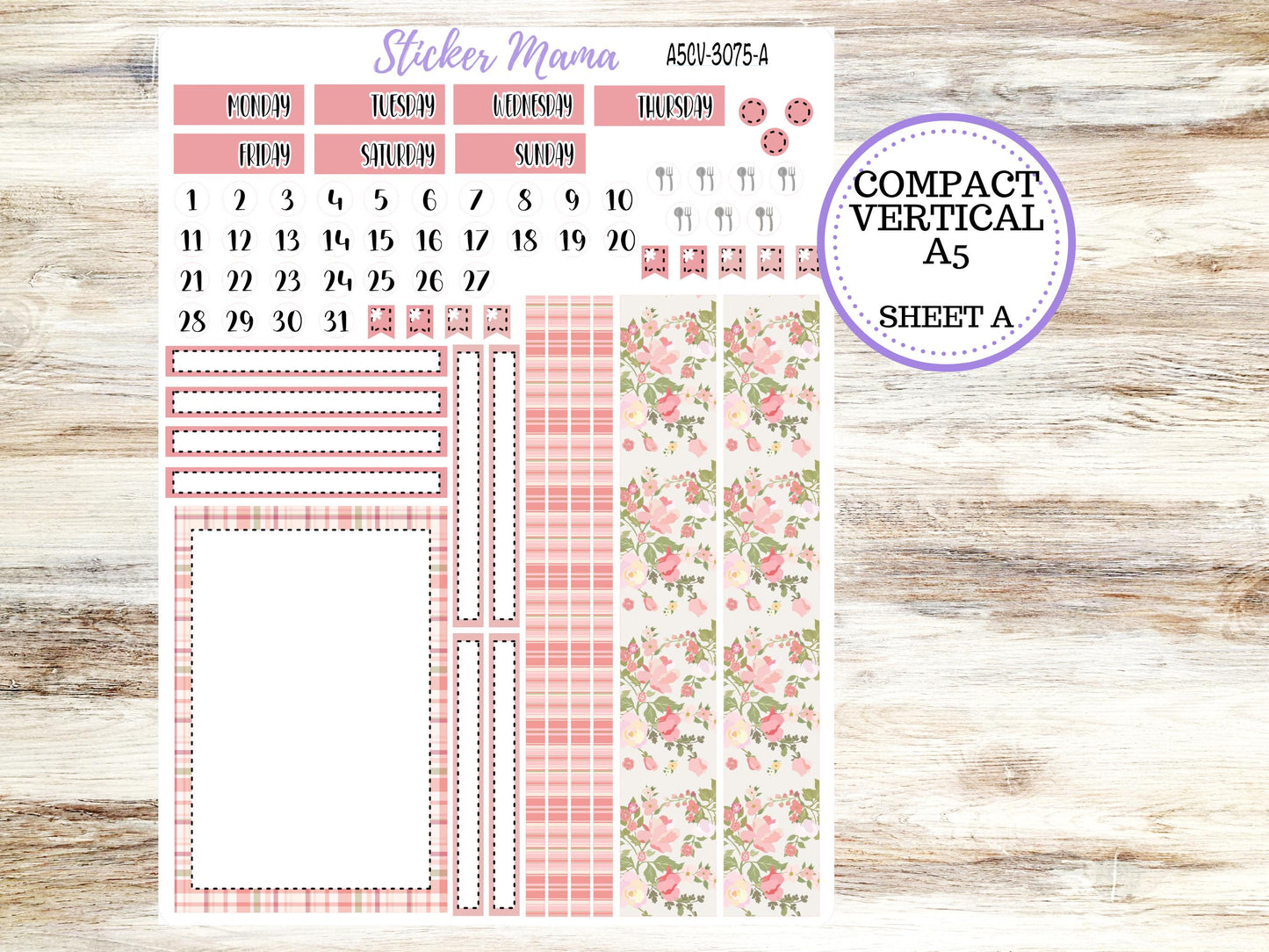 ERIN CONDREN A5 Compact Vertical-Kit #3075 || Shabby Chic Roses - Planner Stickers - Erin Condren Compact Vertical Weekly Kit