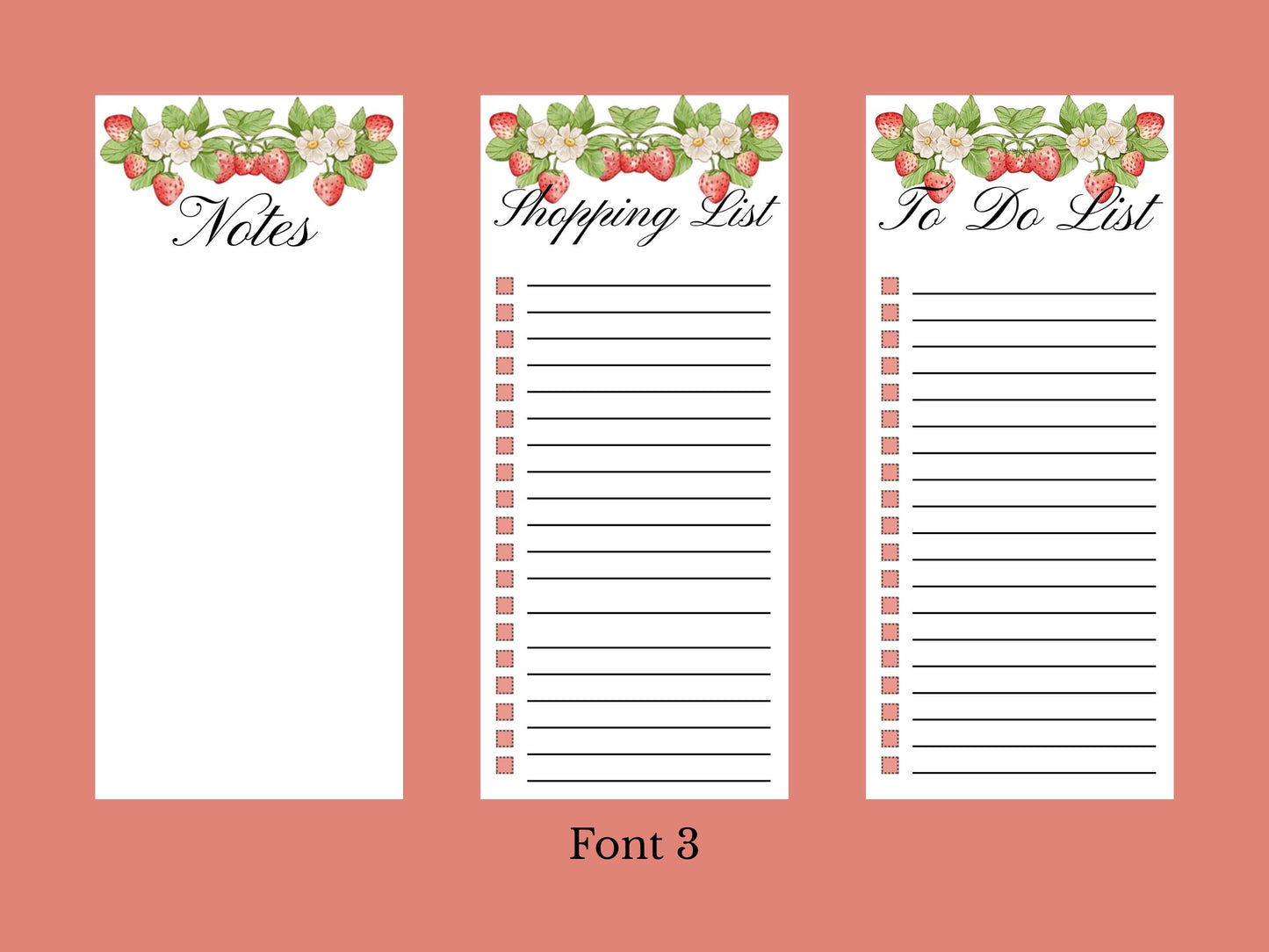 Strawberry Dream Notepads | Set of Three | 3.5 x 8 | To Do List | Shopping List | Notes