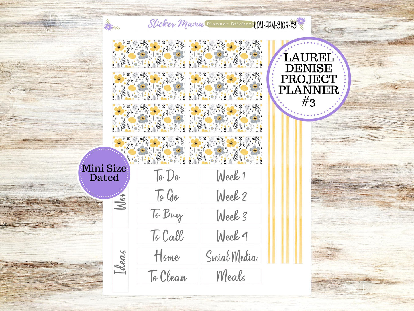 LAUREL DENISE PROJECT Mini Size Planner Kit #3109 || Grey and Yellow Floral || Laurel Denise Kit || Laurel Denise Stickers