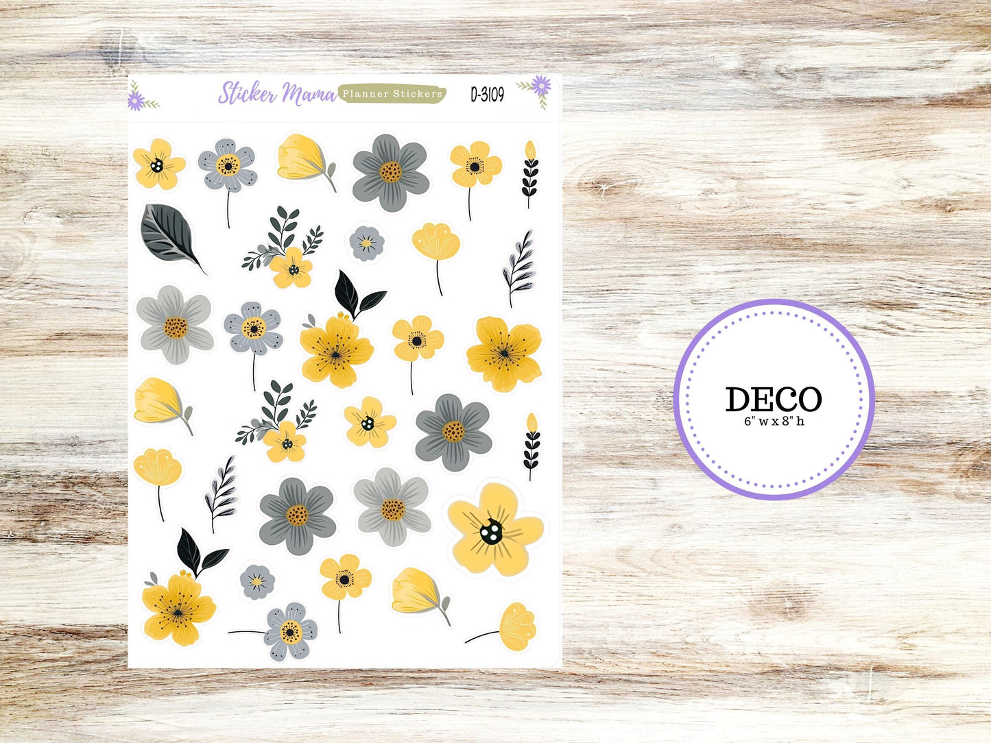 DECO-3109 || Grey and Yellow Floral || PLANNER STICKERS || Spring Stickers ||