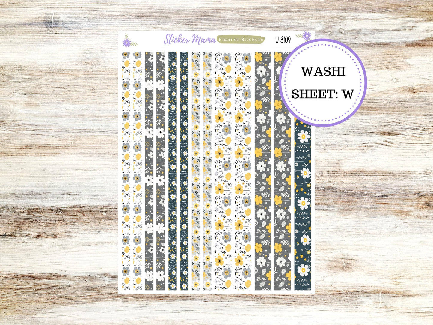 WASHI PLANNER STICKERS || 3109 || Grey and Yellow Floral || Washi Stickers || Planner Stickers || Washi for Planners