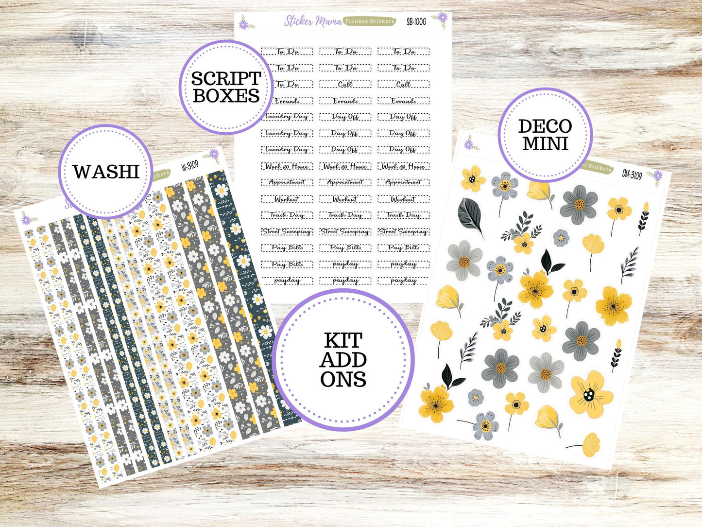 LAUREL DENISE PROJECT Mini Size Planner Kit #3109 || Grey and Yellow Floral || Laurel Denise Kit || Laurel Denise Stickers