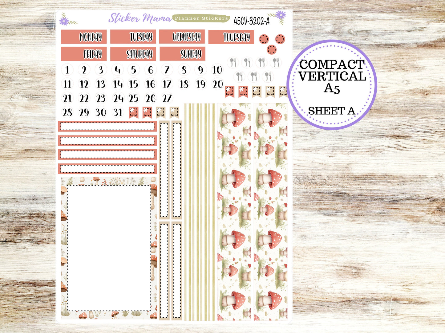 ERIN CONDREN A5 Compact Vertical-Kit #3202 || Mushroom Bloom - Planner Stickers - Erin Condren Compact Vertical Weekly Kit