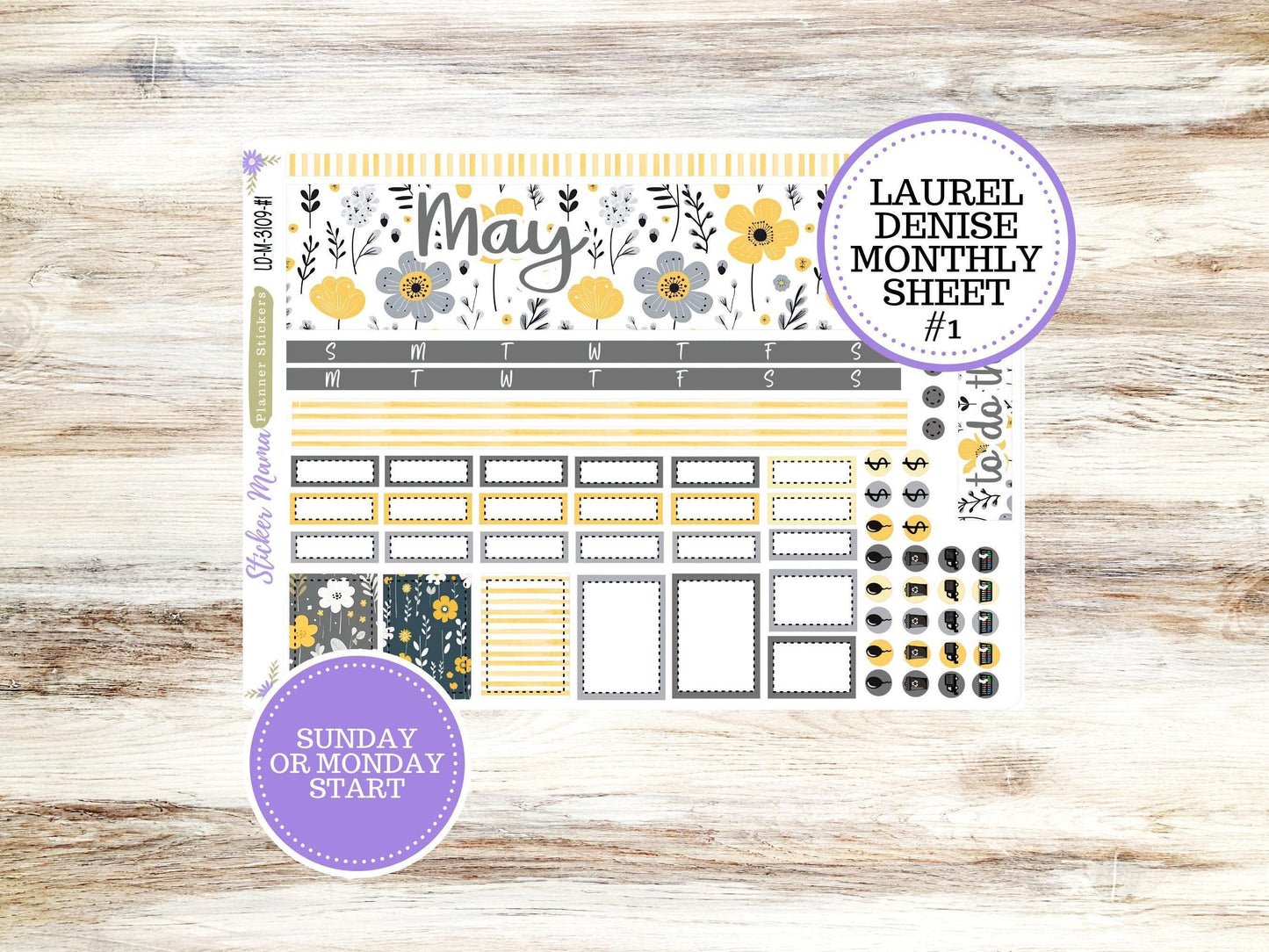 LAUREL DENISE MONTHLY Planner Kit #3109 || Laurel Denise Stickers Kit || Horizontal Vertical || Grey and Yellow Floral || May