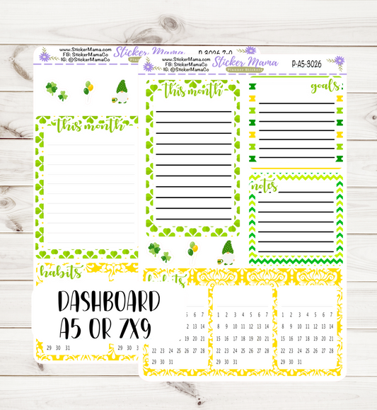 3026 - St. Patricks Day  || A5 or 7x9 PRODUCTIVITY DASHBOARD Sticker || eclp notes page stickers || productivity planner