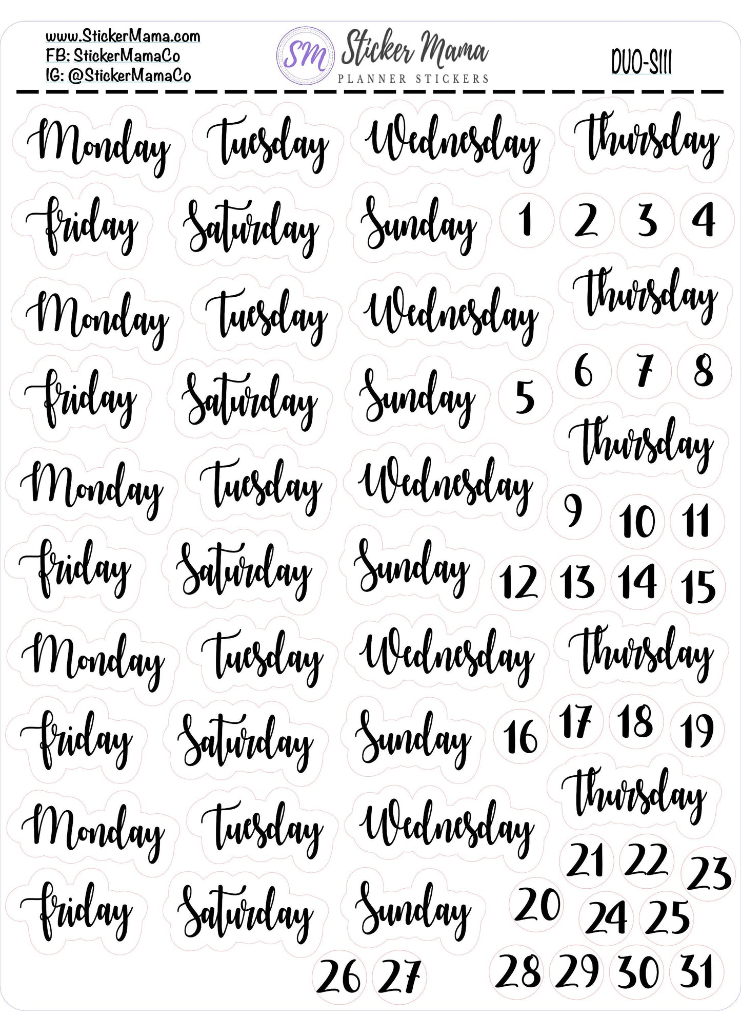 DAYS/DATES SCRIPT S111 Days of the week Icons Dates Stickers Ec Days and Dates Stickers Sticker for ec month stickers eclp monthly stickers