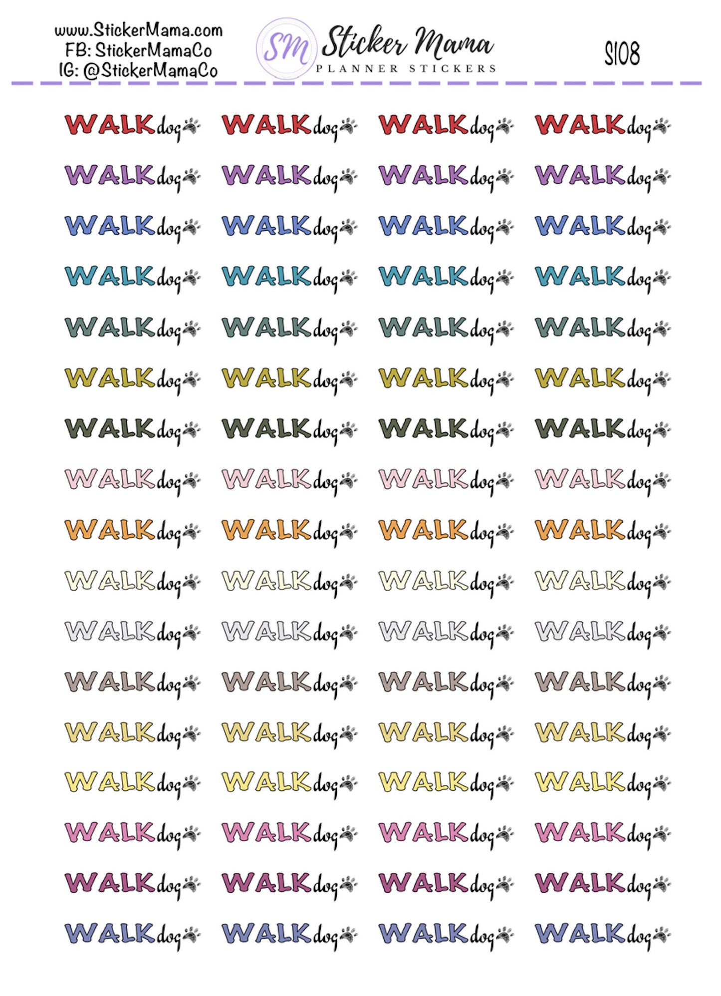WALK DOG STICKERS S108 - Color Script Planner Stickers - Color Script Font Planner Stickers