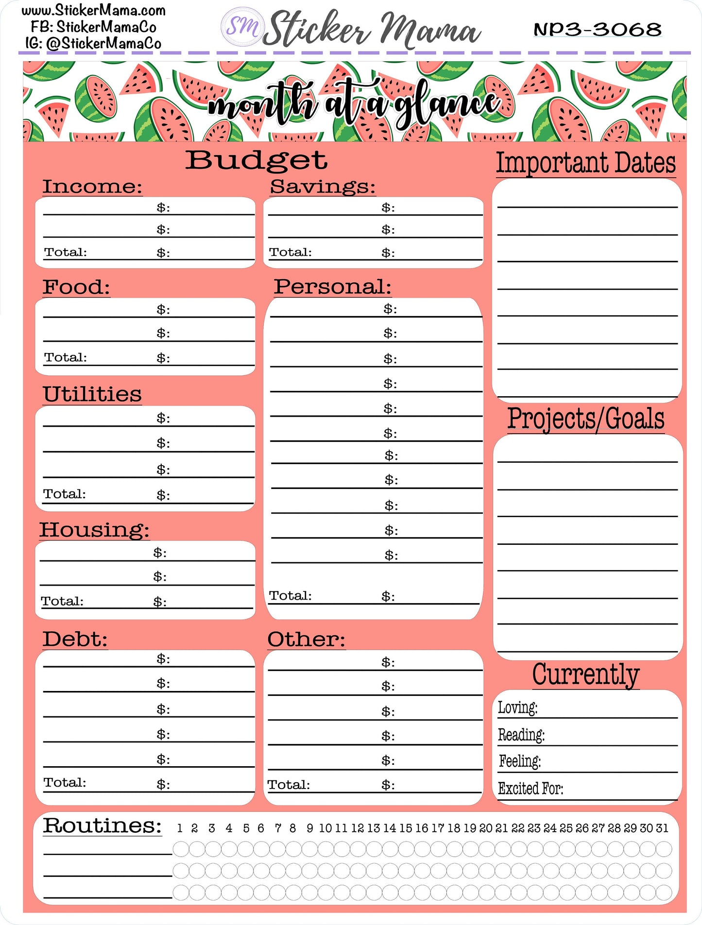 BUDGET SPENDING - MONTH at a Glance Tracking 7x9 planners - Notes Page Stickers - Budget Tracker - 3065 - 3066 - 3067 - 3068 - 3069