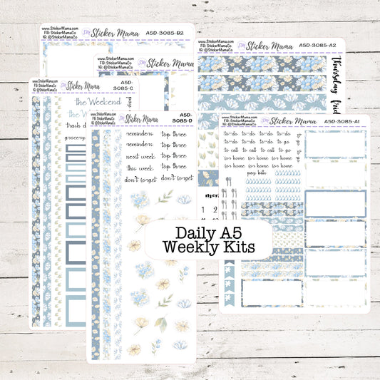 DAILY A5 -3085 - AUGUST Delicate Blue Flowers || Erin Condren Daily A5 Agenda Planner Kit || A5 Daily Sticker Kit