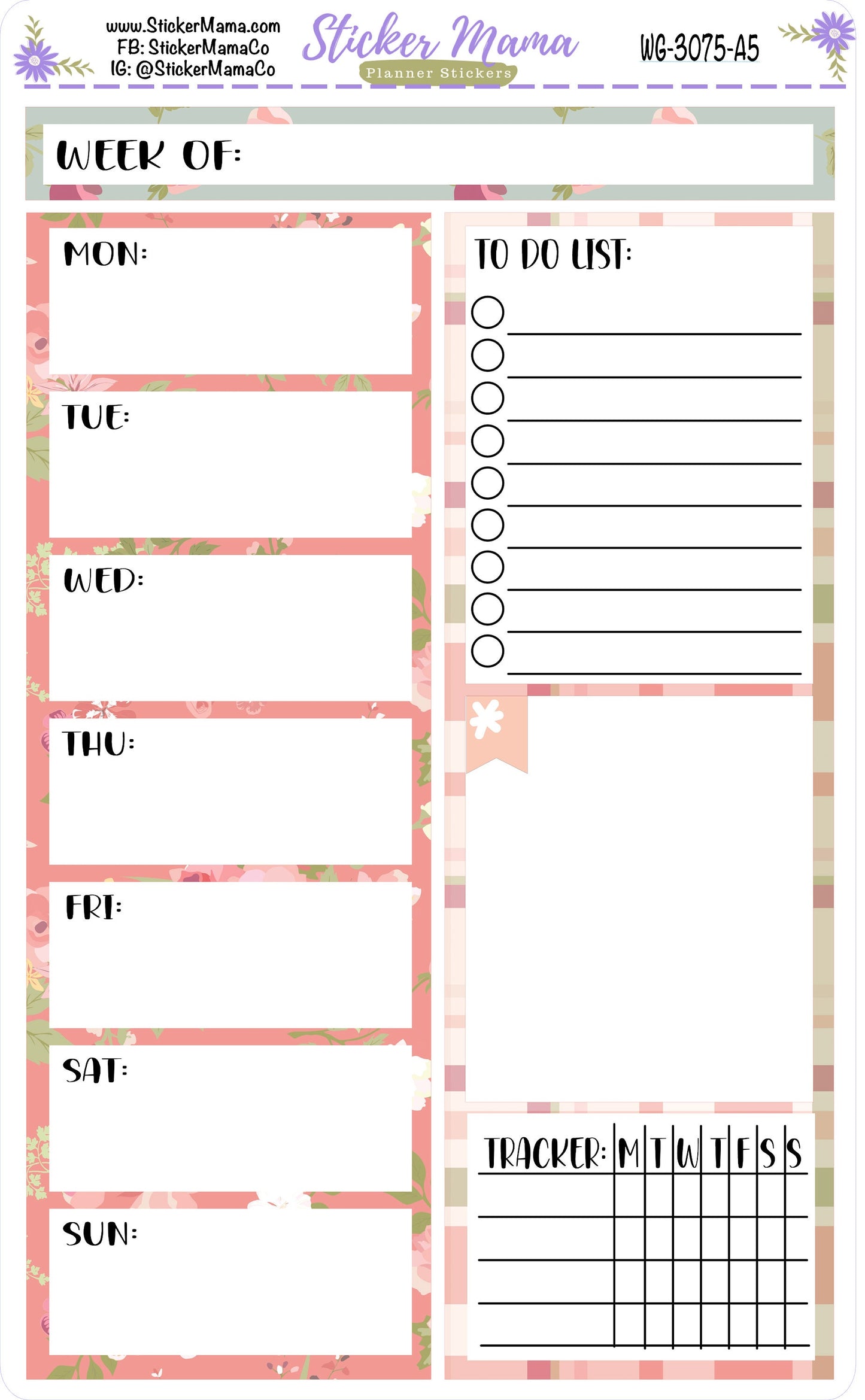 WG-3075 - WEEK at a GLANCE - Shabby Chic Roses - weekly glance 7x9 or a5