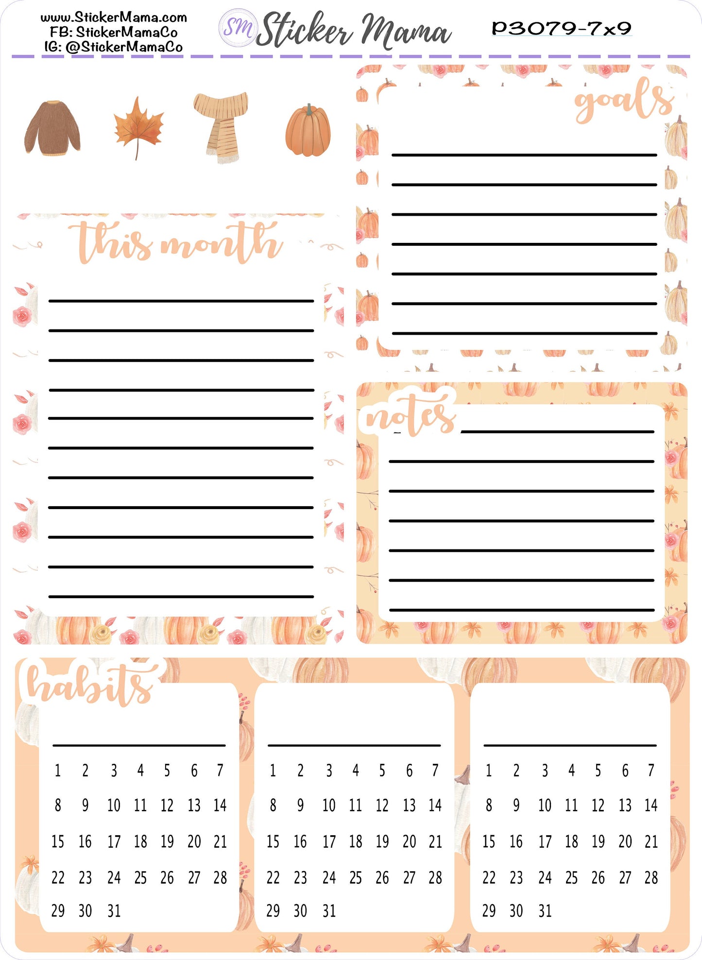 3079 - Pumpkin October Stickers || A5 or 7x9 PRODUCTIVITY DASHBOARD Sticker || eclp notes page stickers || productivity planner
