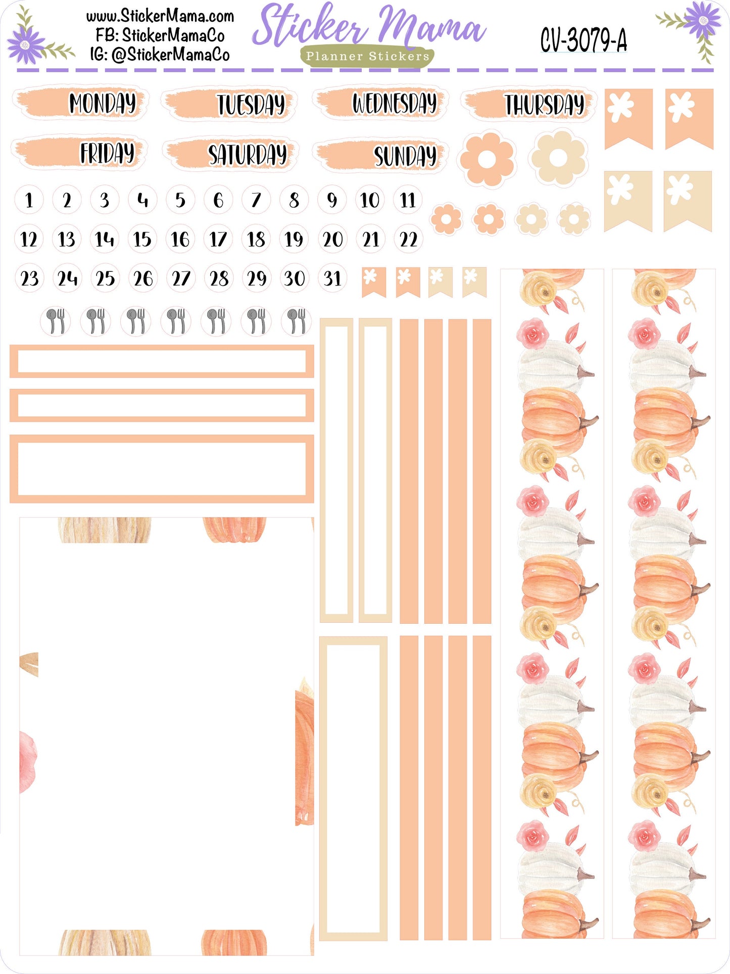 3079 - NEW COMPACT VERTICAL Pumpkins October Stickers - Weekly Kit - Planner Stickers - Erin Condren Compact Vertical Weekly Kit