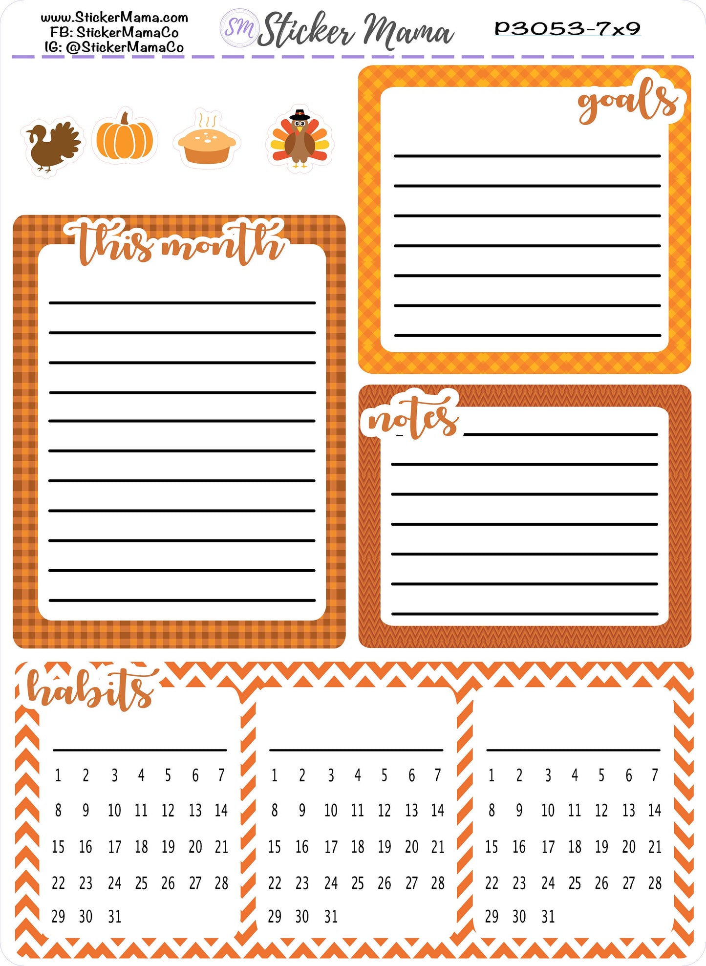 3053 - NOVEMBER THANKSGIVING  || A5 or 7x9 PRODUCTIVITY Dashboard  Sticker note page, productivity page productivity note page dashboard