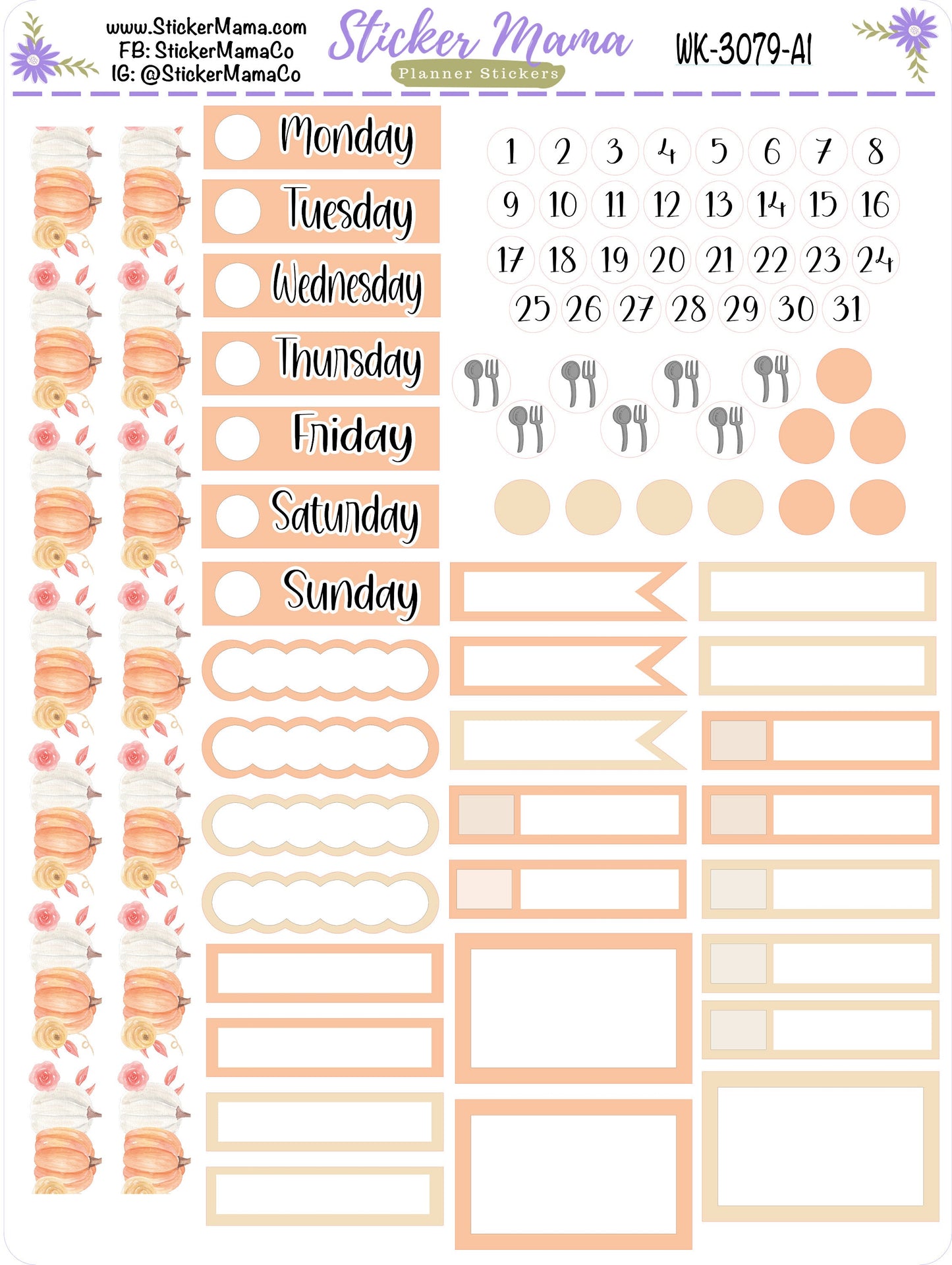 NEW WK-3079 - Pumpkin October Stickers || Weekly Planner Kit || Erin Condren || Hourly Planner Kit || Vertical Planner Kit