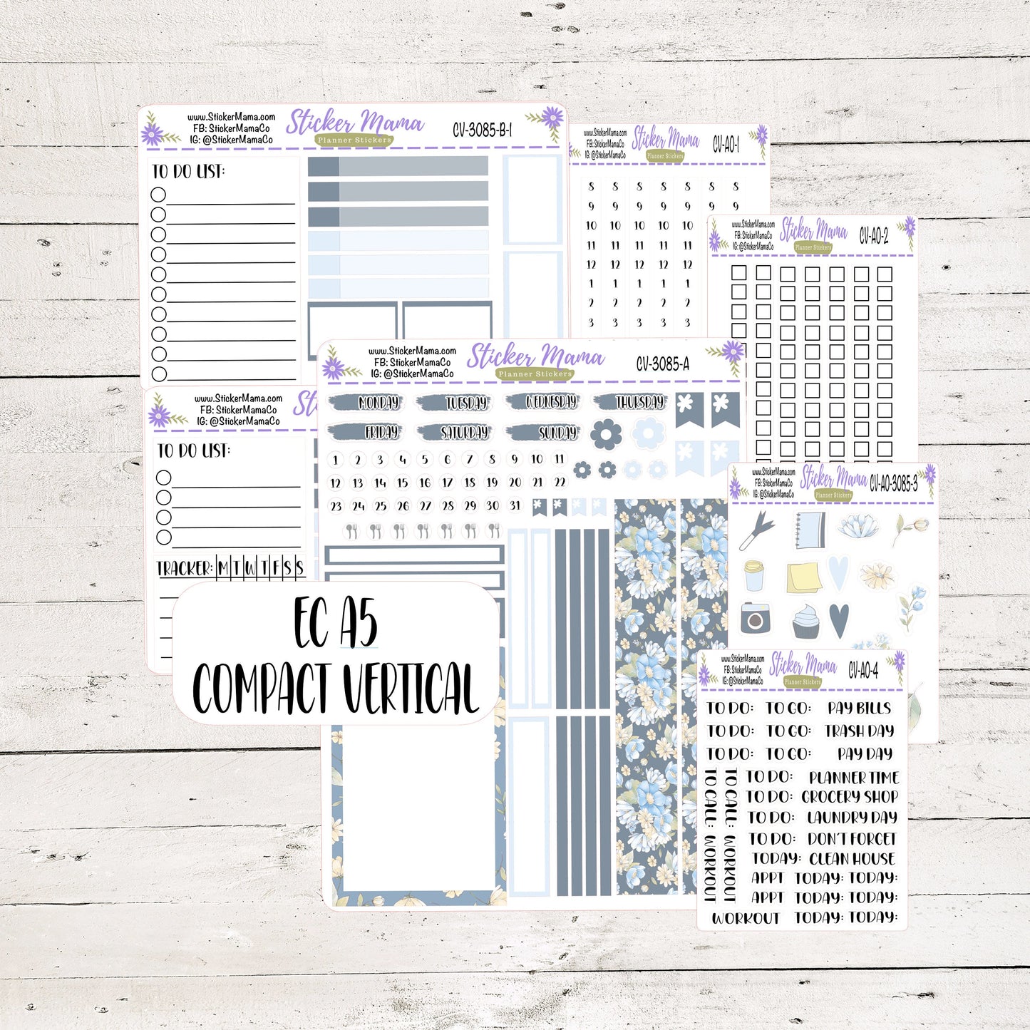 3085 - NEW COMPACT VERTICAL Delicate Blue Flowers - Weekly Kit - Planner Stickers - Erin Condren Compact Vertical Weekly Kit