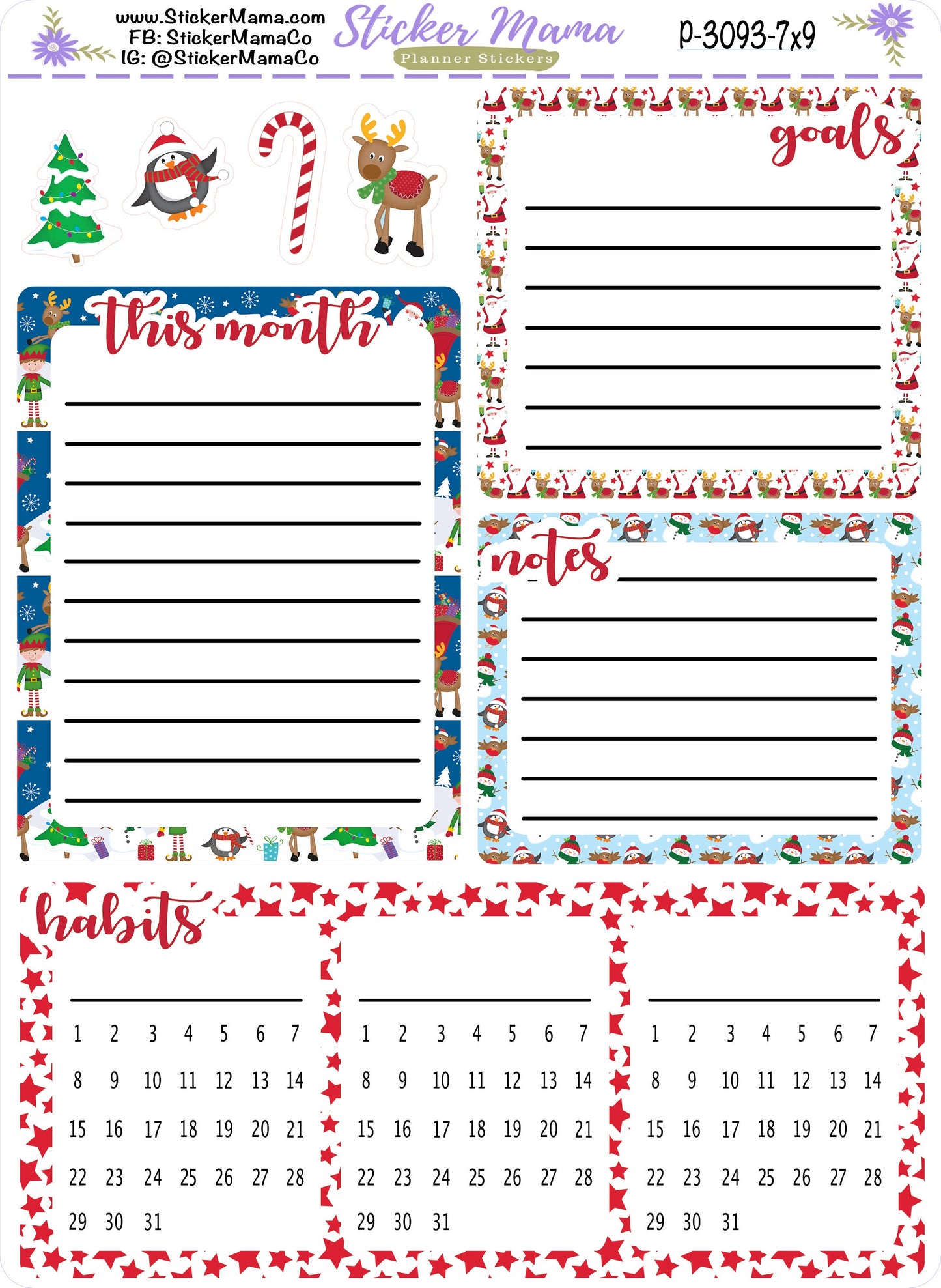 3093 - Holly Jolly || A5 or 7x9 PRODUCTIVITY DASHBOARD Sticker || eclp notes page stickers || productivity planner