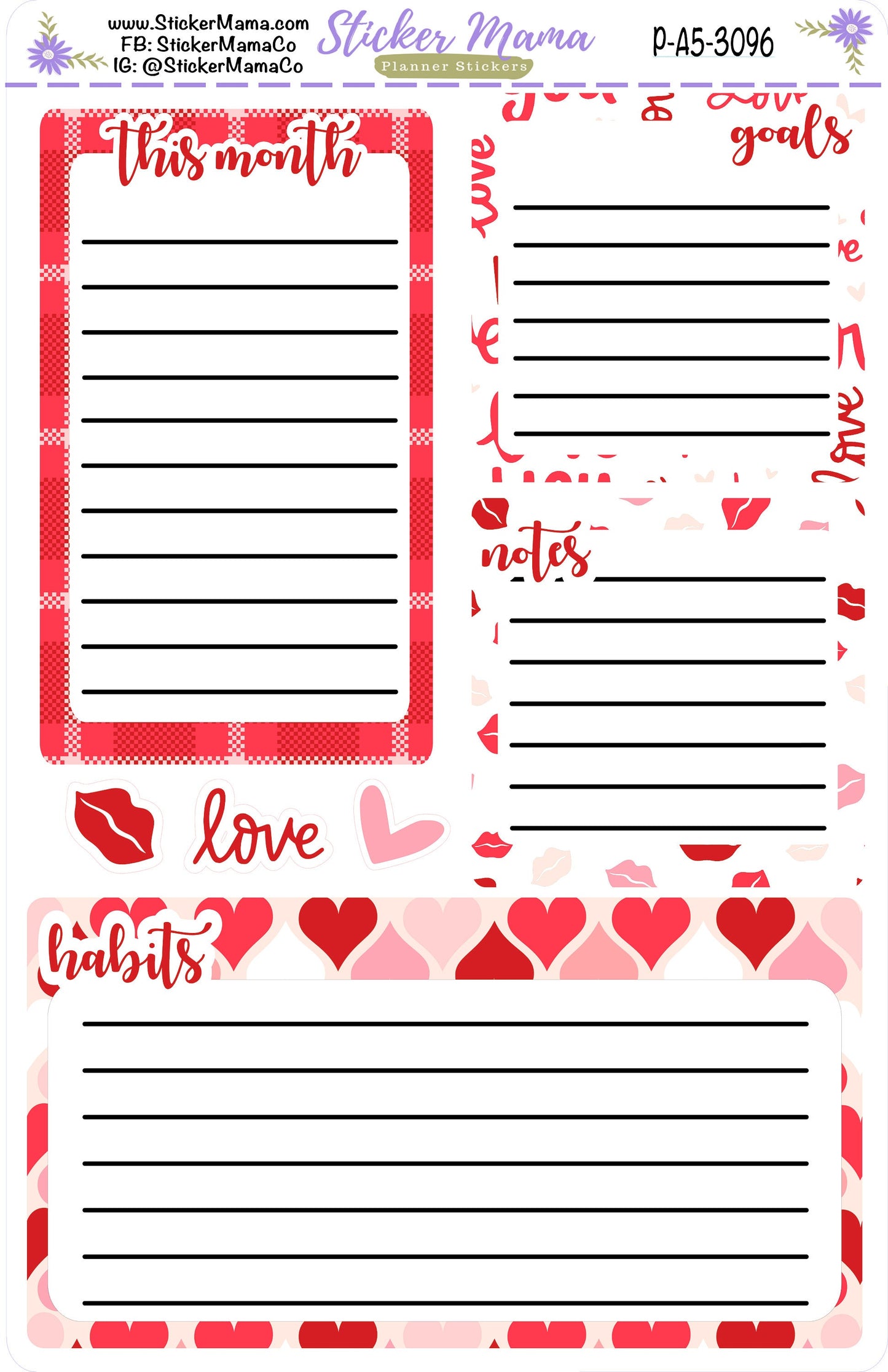 3096 - HEARTS 'N KISSES  || A5 or 7x9 Productivity Dashboard Sticker || eclp notes page stickers || productivity planner