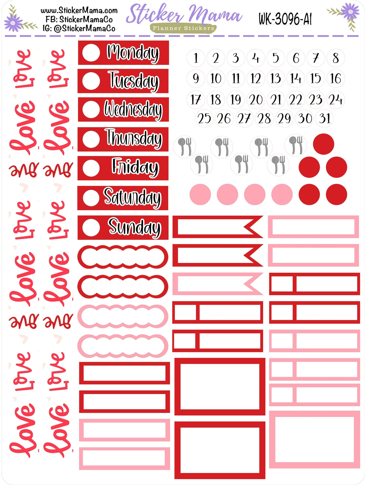 WK-3096 - Hearts 'n Kisses  || Weekly Planner Kit || Erin Condren || Hourly Planner Kit || Vertical Planner Kit
