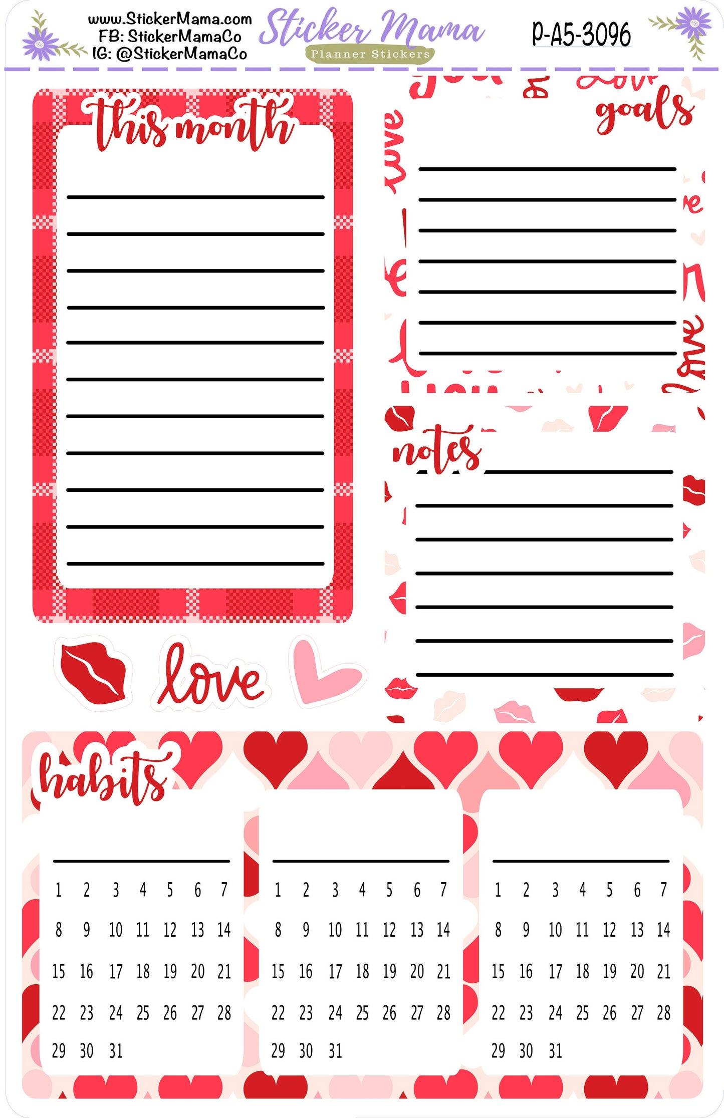 3096 - HEARTS 'N KISSES  || A5 or 7x9 Productivity Dashboard Sticker || eclp notes page stickers || productivity planner