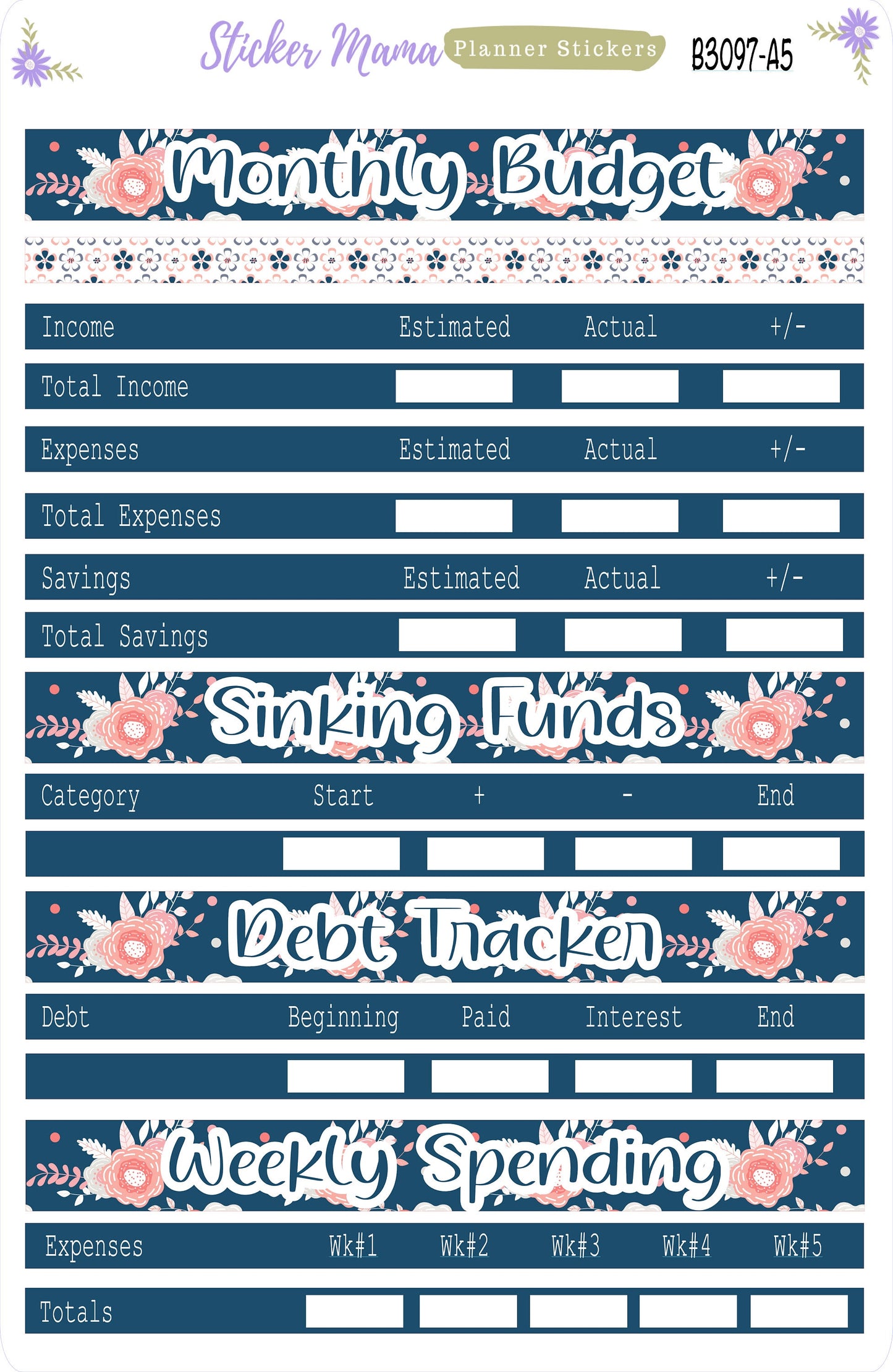 3097 - B -  FRESH HAPPINESS  || Budget Sticker Kit || Notes Page Stickers || Planner Budget Kit