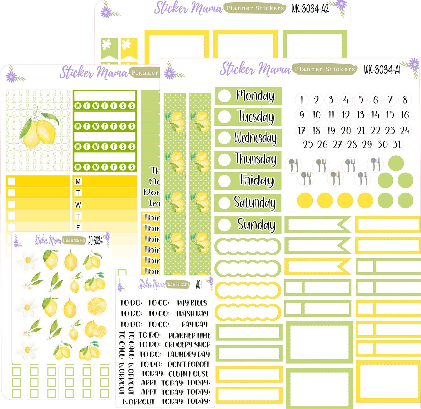 WK-3034 - Watercolor Lemons  || Weekly Planner Kit || Erin Condren || Hourly Planner Kit || Vertical Planner Kit
