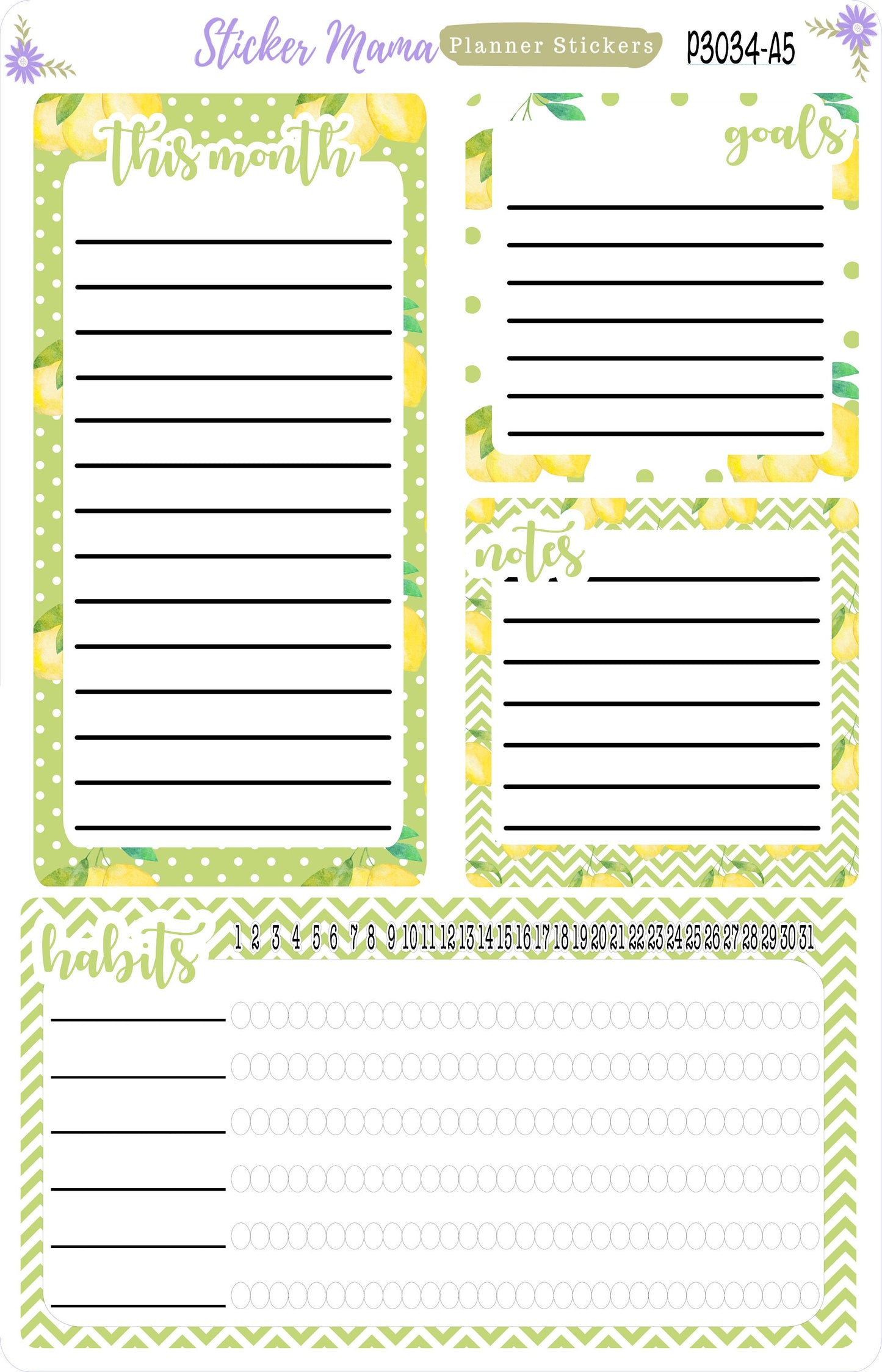 3034  "Watercolor Lemons"  || A5 or 7x9 PRODUCTIVITY DASHBOARD Sticker || eclp notes page || productivity planner || Easter Planner Sticker