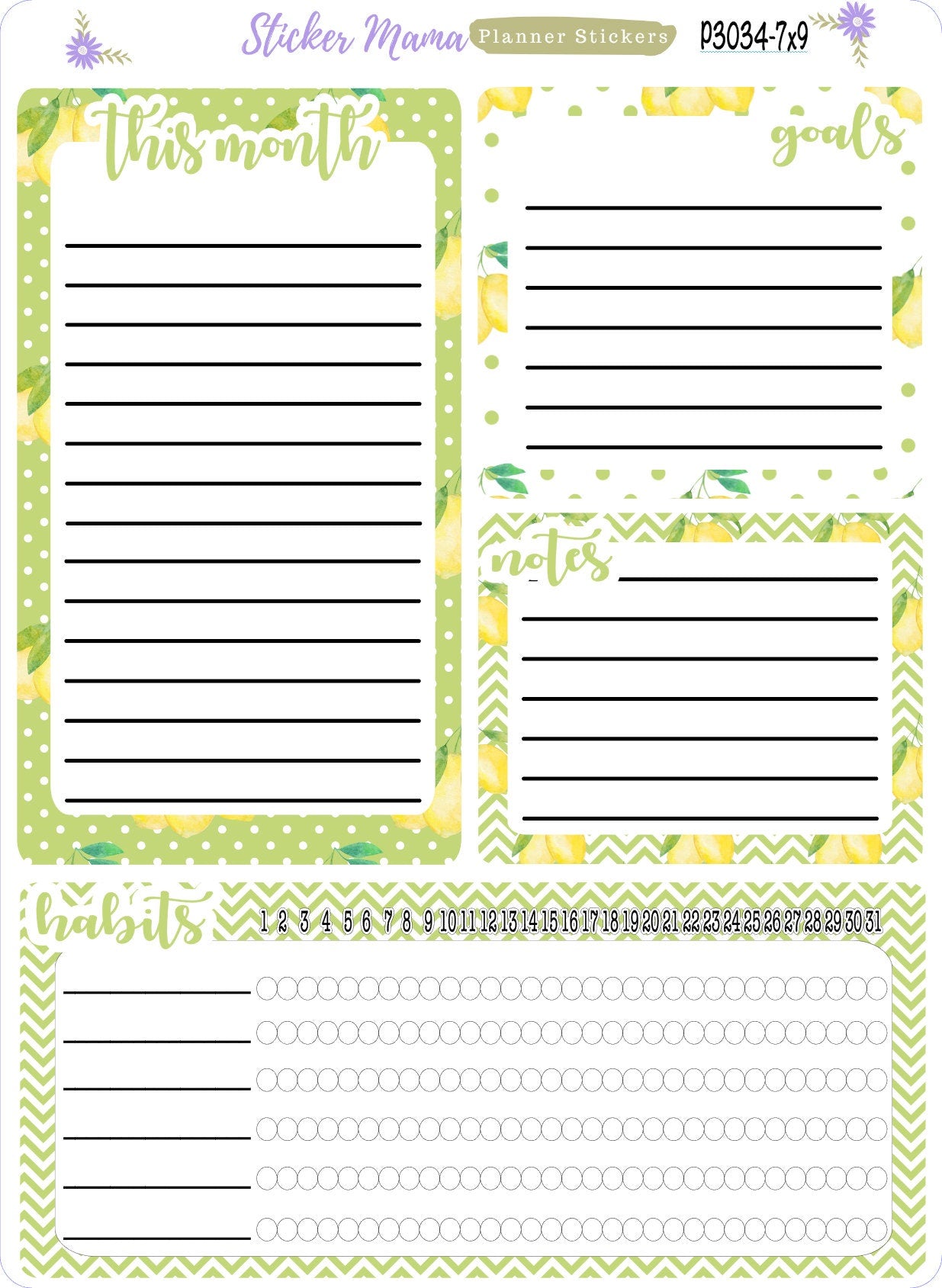 3034  "Watercolor Lemons"  || A5 or 7x9 PRODUCTIVITY DASHBOARD Sticker || eclp notes page || productivity planner || Easter Planner Sticker