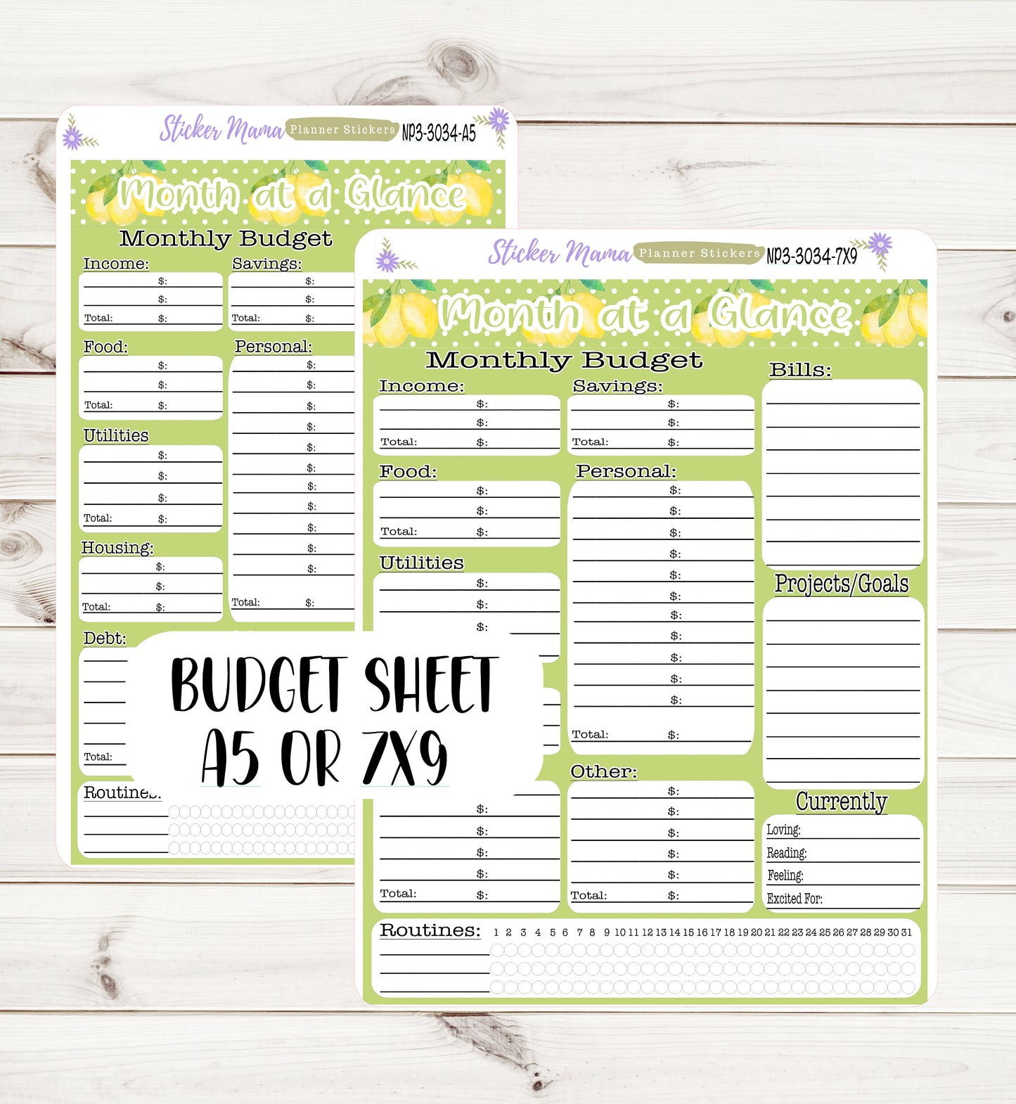 3034 - np3  Watercolor Lemons  || Budget Sticker Sheet  || Notes Page Stickers || Planner Budget Kit
