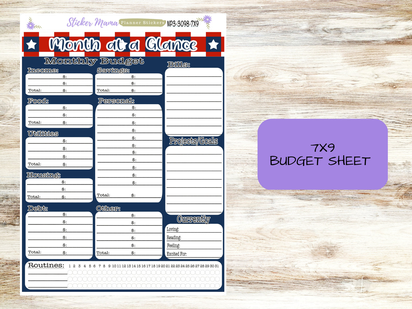 3098 - np3  STARS AND STRIPES  || Budget Sticker Sheet  || Notes Page Stickers || Planner Budget Kit