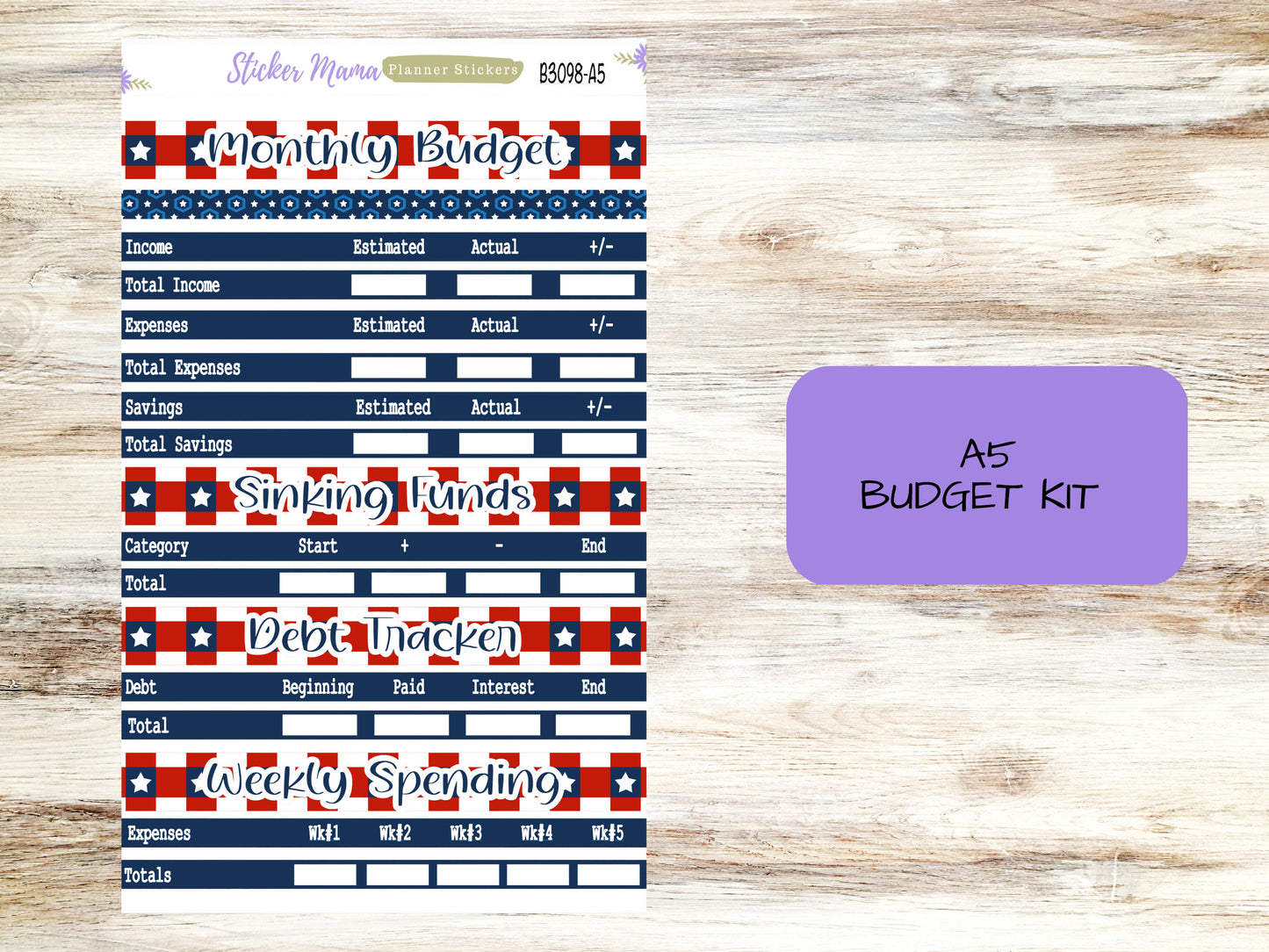 3098 - B -  STARS AND STRIPES  || Budget Sticker Kit || Notes Page Stickers || Planner Budget Kit