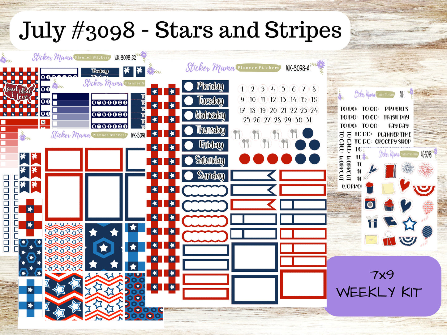 WK-3098 - STARS and STRIPES  || Weekly Planner Kit || Erin Condren || Hourly Planner Kit || Vertical Planner Kit