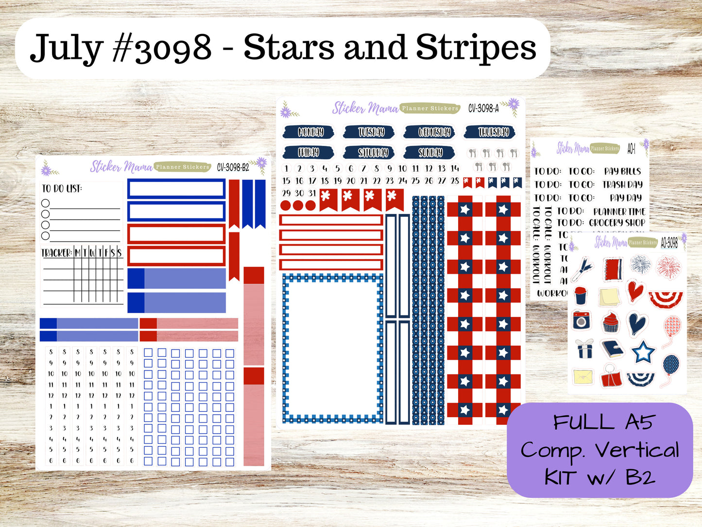 CV3098 - STARS and STRIPES  - Compact Verticaql - Weekly Kit - Planner Stickers - Erin Condren Compact Vertical Weekly Kit