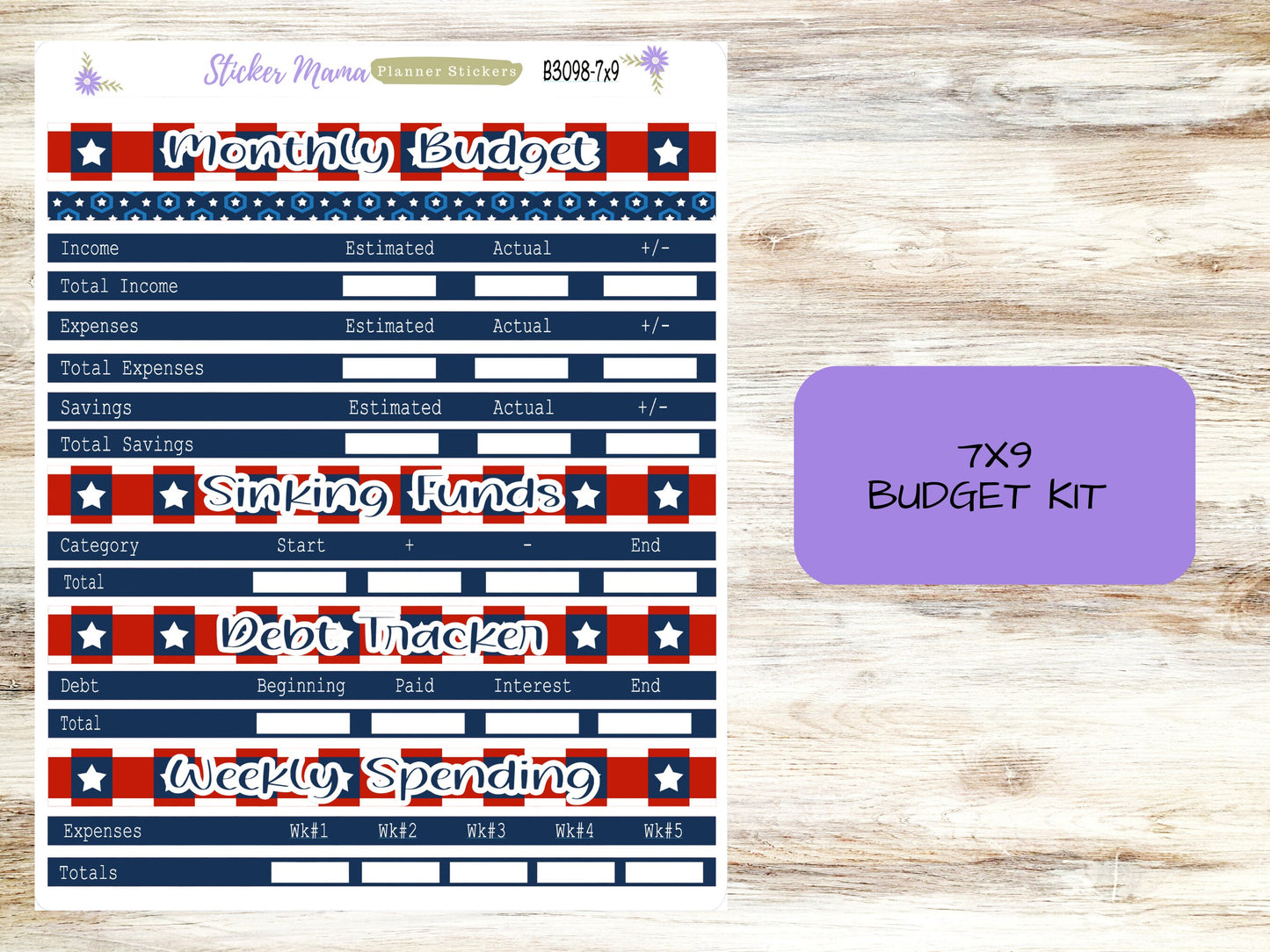 3098 - B -  STARS AND STRIPES  || Budget Sticker Kit || Notes Page Stickers || Planner Budget Kit