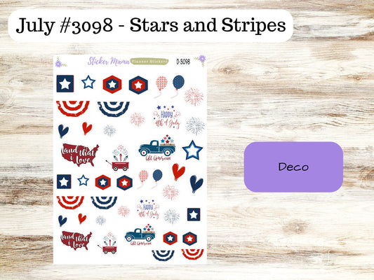 D-3098 "Stars and Stripes"  || Patriotic PLANNER STICKERS || Spring Stickers || Planner Stickers for Winter || Easter Planner Stickers