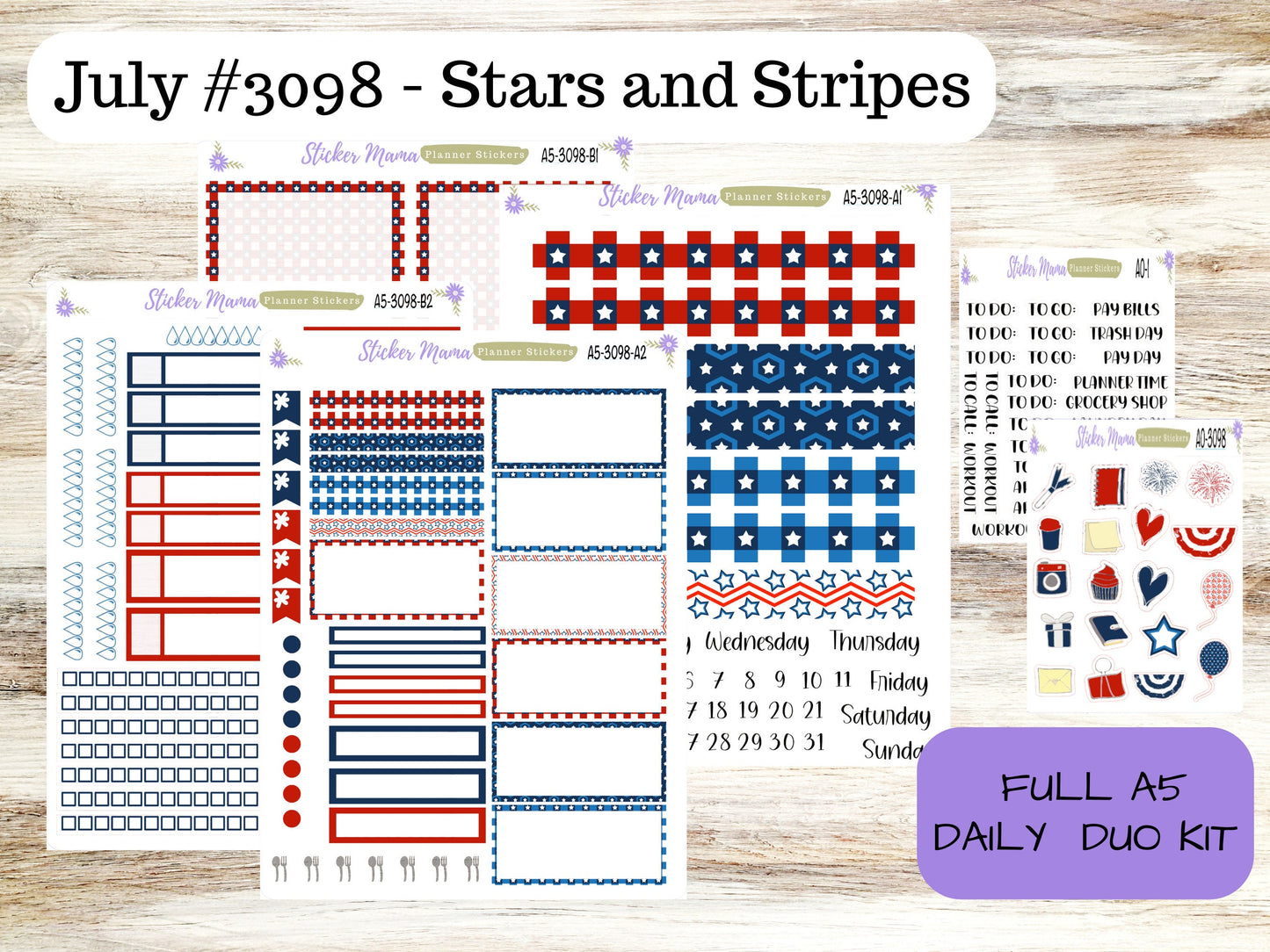 A5-3098-DD || STARS and STRIPES || Planner Stickers - Daily Duo A5 Planner - Daily Duo Stickers - Daily Planner