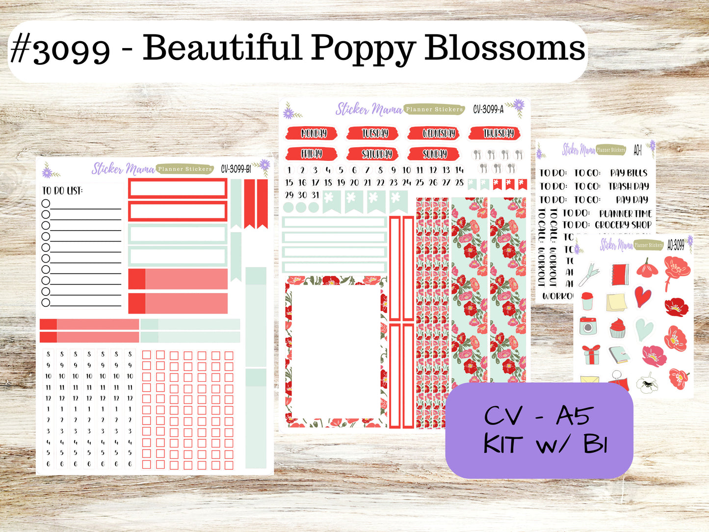 A5 COMPACT VERTICAL-Kit #3099 || Beautiful Poppy Blossoms  - Compact Vertical - Planner Stickers - Erin Condren Compact Vertical Weekly Kit