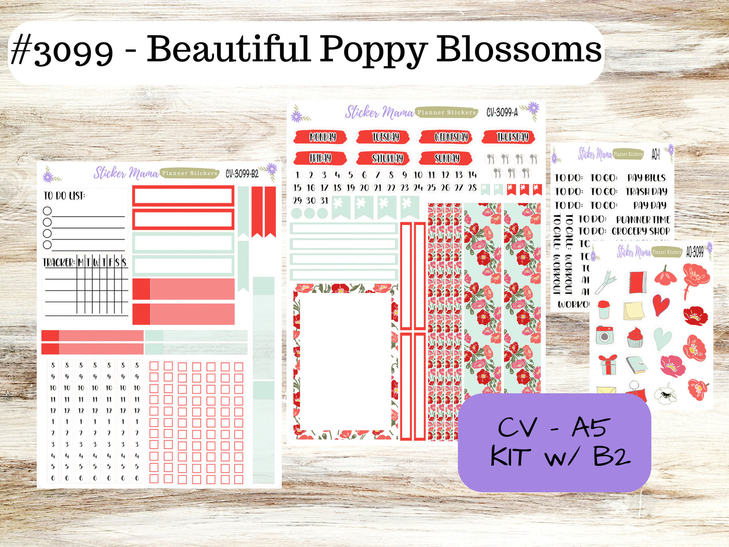 A5 COMPACT VERTICAL-Kit #3099 || Beautiful Poppy Blossoms  - Compact Vertical - Planner Stickers - Erin Condren Compact Vertical Weekly Kit