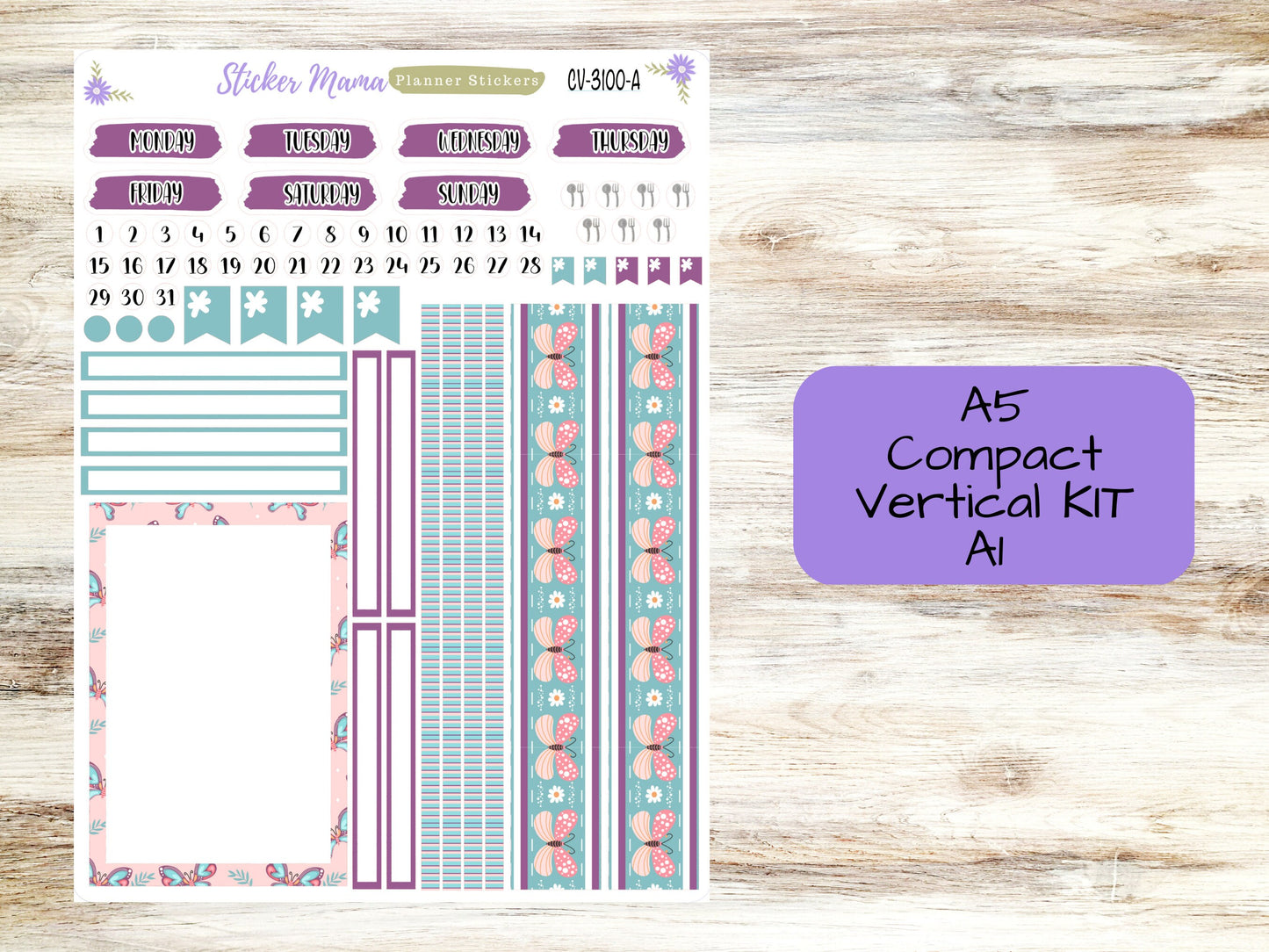 A5 COMPACT VERTICAL-Kit #3100 || Little Beauty Butterfly  - Compact Vertical - Planner Stickers - Erin Condren Compact Vertical Weekly Kit