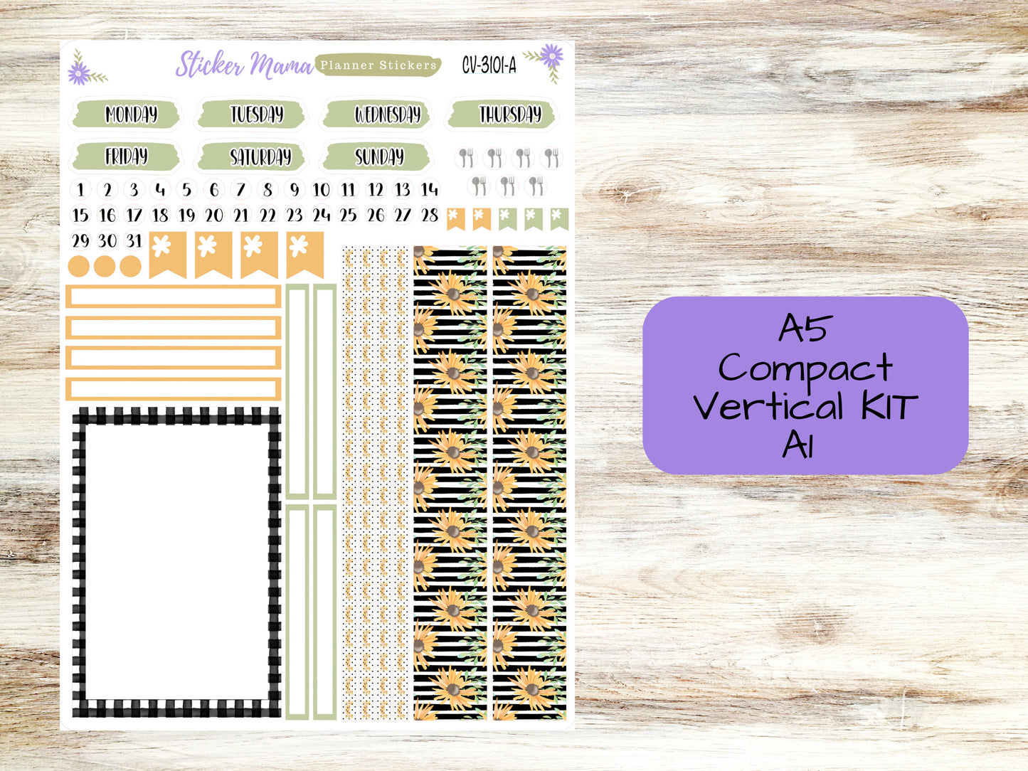 A5 COMPACT VERTICAL-Kit #3101 || Blooming Sunflowers  - Compact Vertical - Planner Stickers - Erin Condren Compact Vertical Weekly Kit