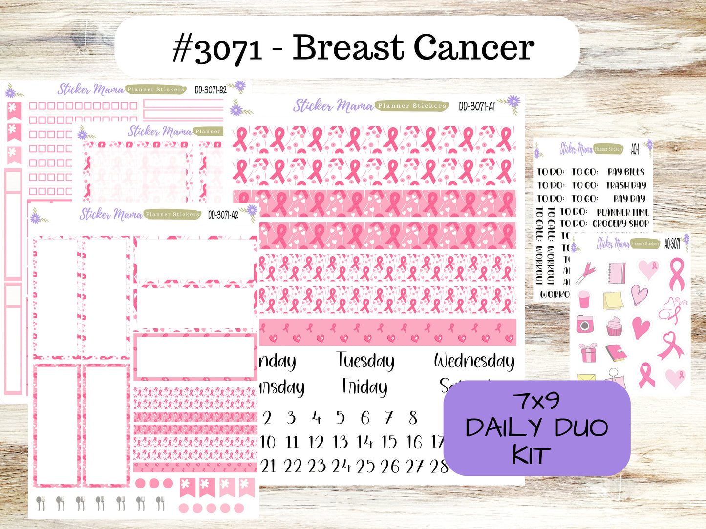 DAILY DUO 7x9-Kit #3071  || Breast Cancer || Planner Stickers - Daily Duo 7x9 Planner - Daily Duo Stickers - Daily Planner